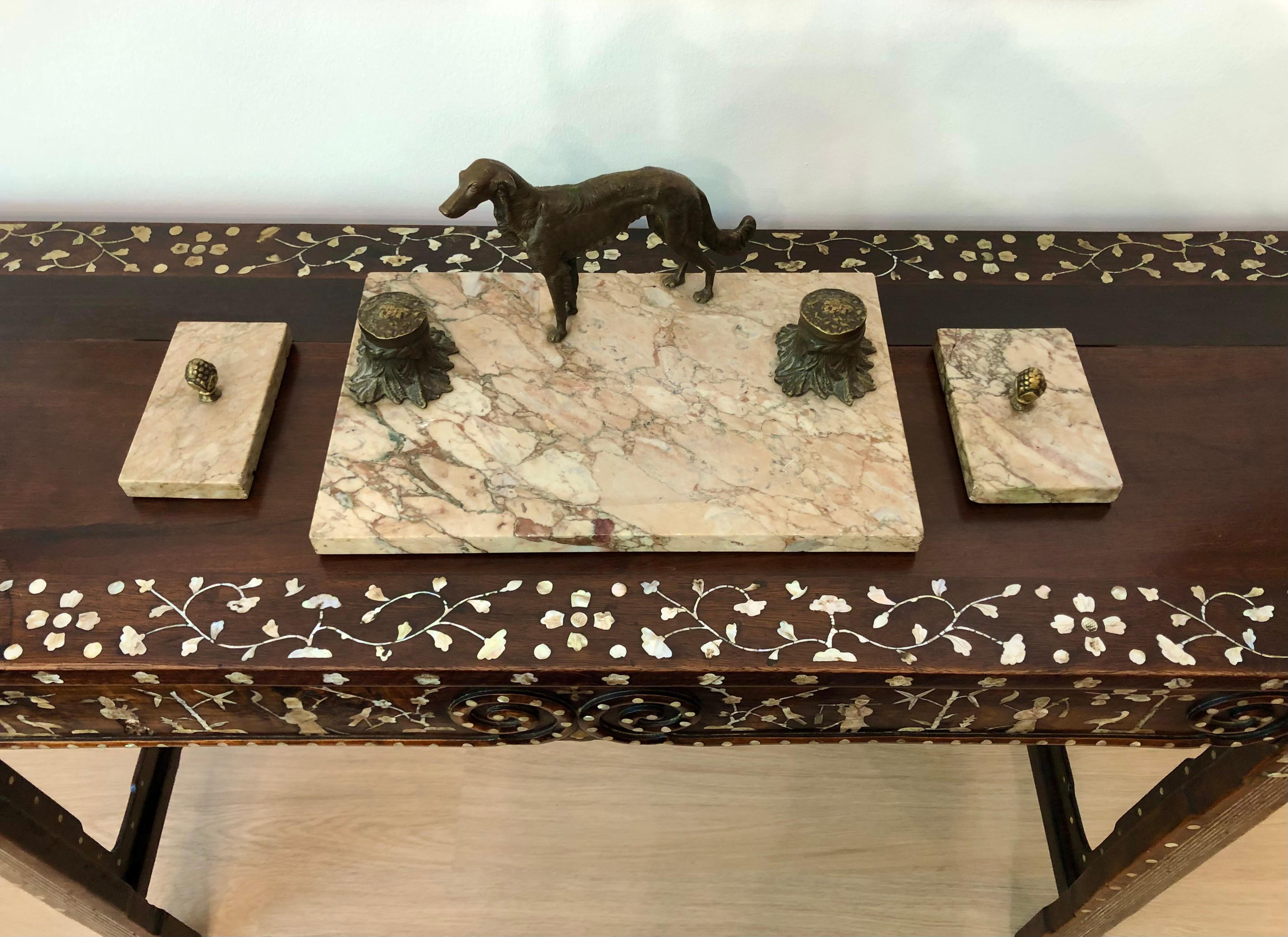 Late 19th Century Bronze and Marble Ink Stand with Dog 2