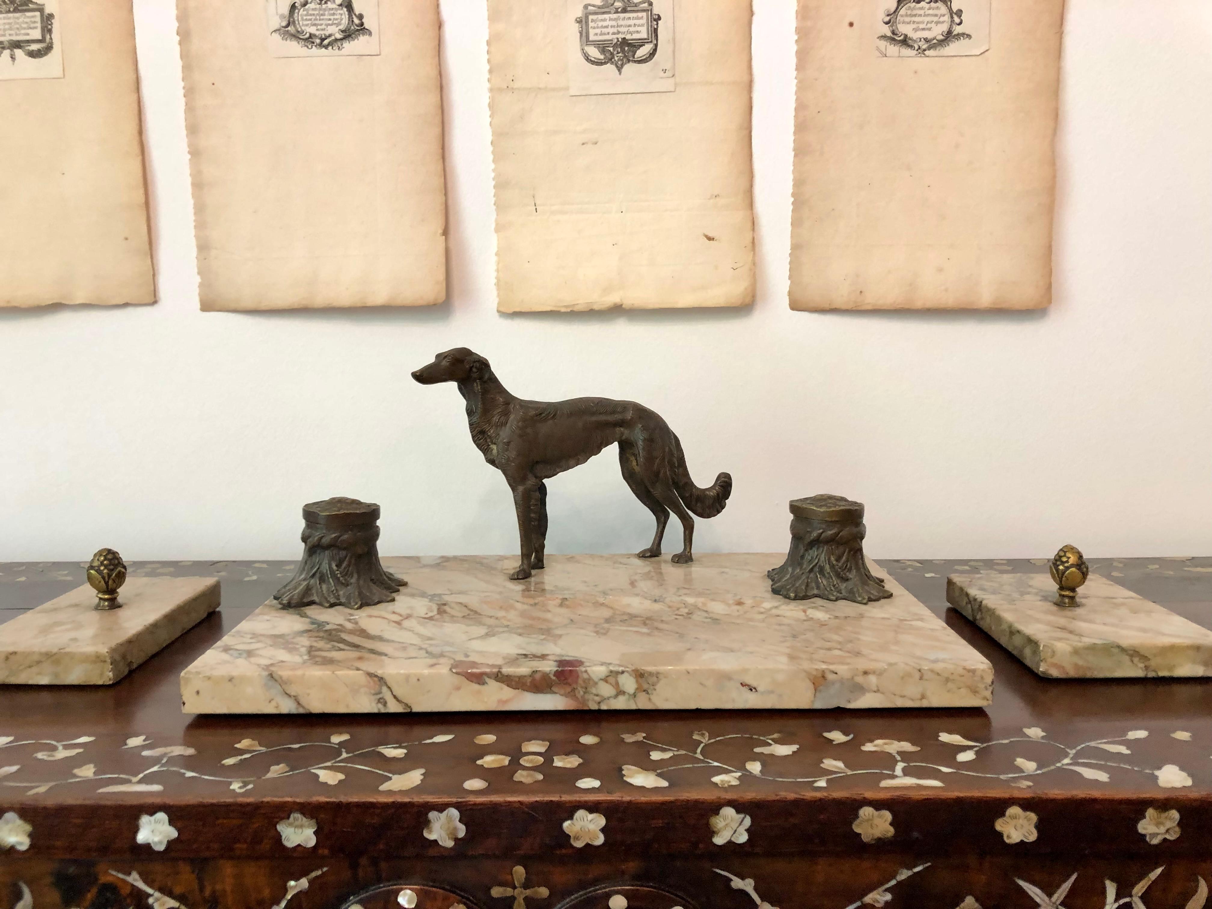 Late 19th Century Bronze and Marble Ink Stand with Dog 3