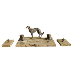 Late 19th Century Bronze and Marble Ink Stand with Dog