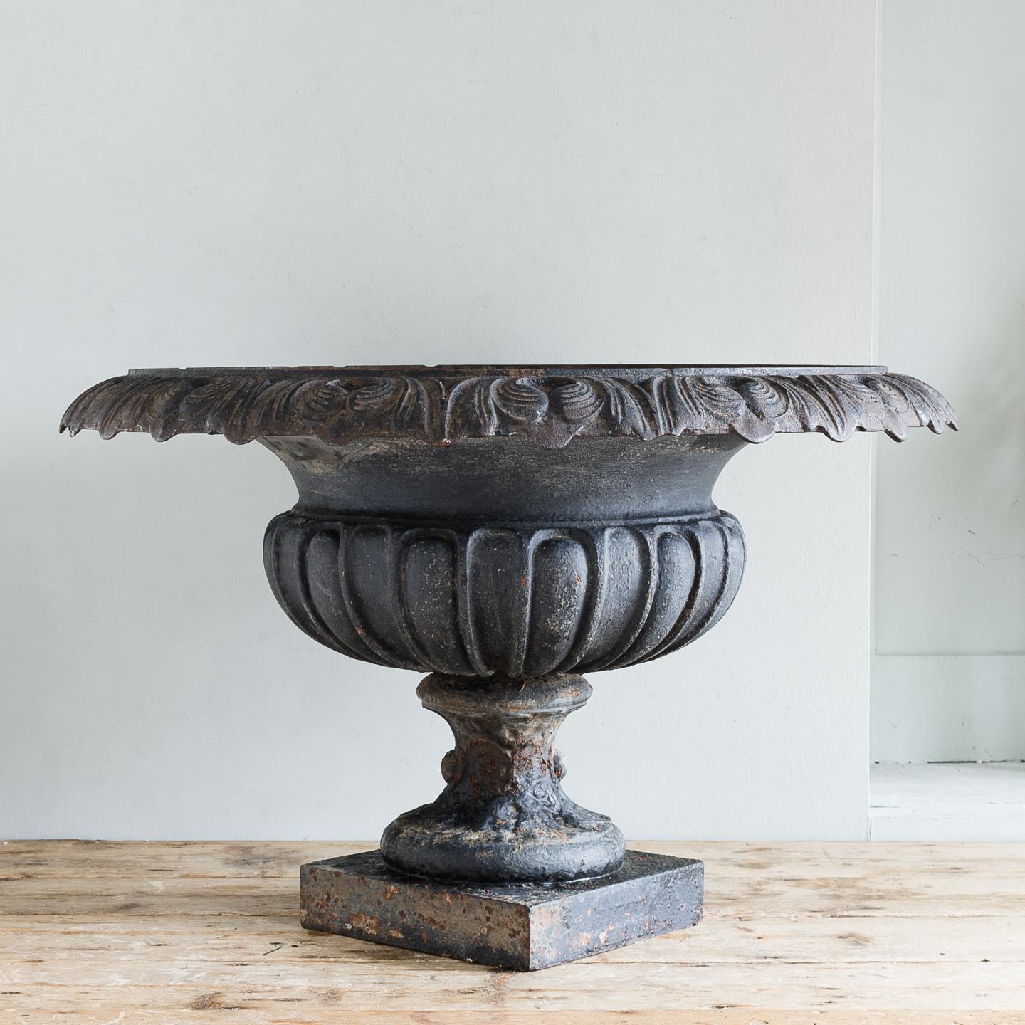 French cast iron garden tazza urn, circa 1880, the highly detailed and shaped rim of egg and dart pattern leading to fluted body raised on waisted stem, on square plinth base.