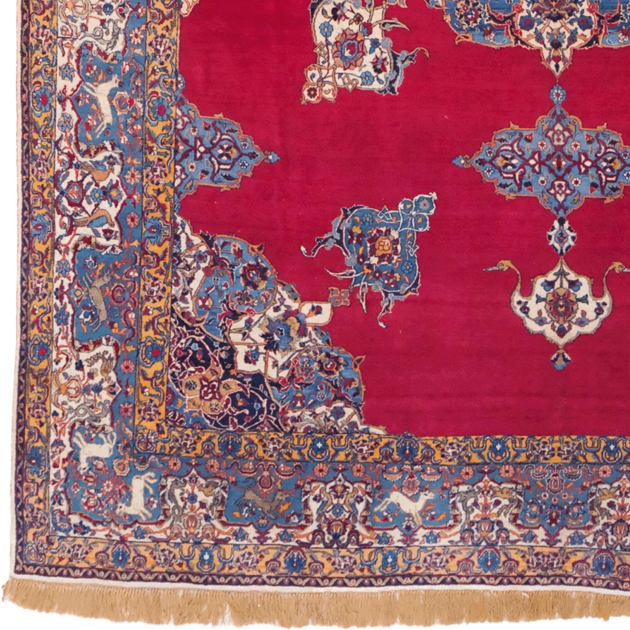 This rare piece is an extraordinary carpet woven in Tehran, the capital of Iran, in the late 19th century. Its elegant and intricate motifs, set on a striking red ground, are considered one of the most magnificent examples of Persian carpet