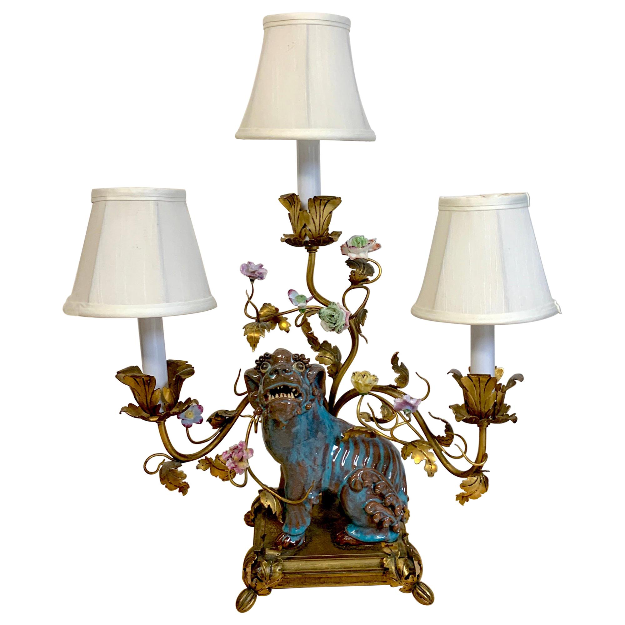 Late Qing Chinese Export Fu Dog Mounted with French Bronze Mounts as a Lamp