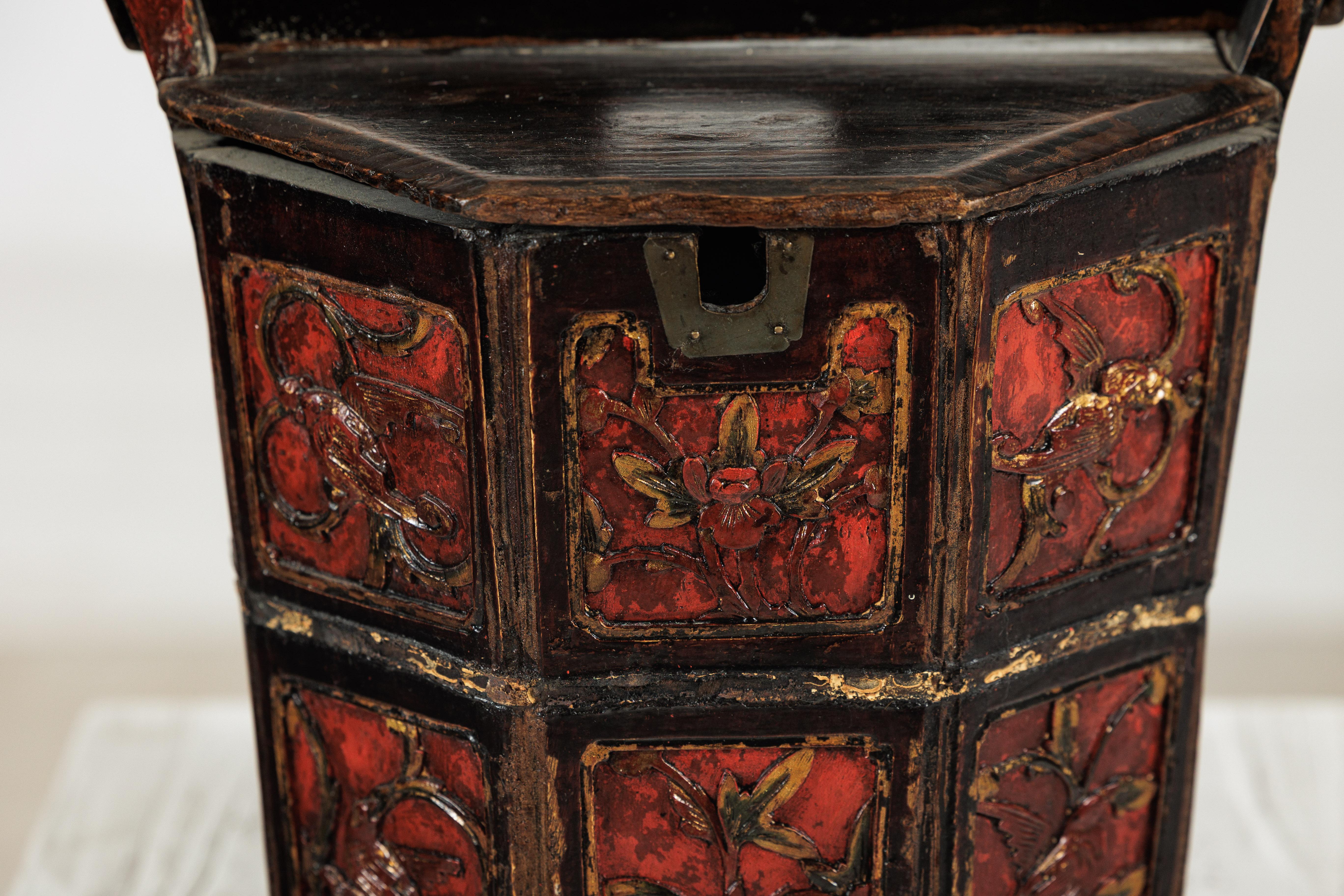 Late Qing Chinese Red and Black Lacquered Rice Measure Bucket with Carved Panels For Sale 4