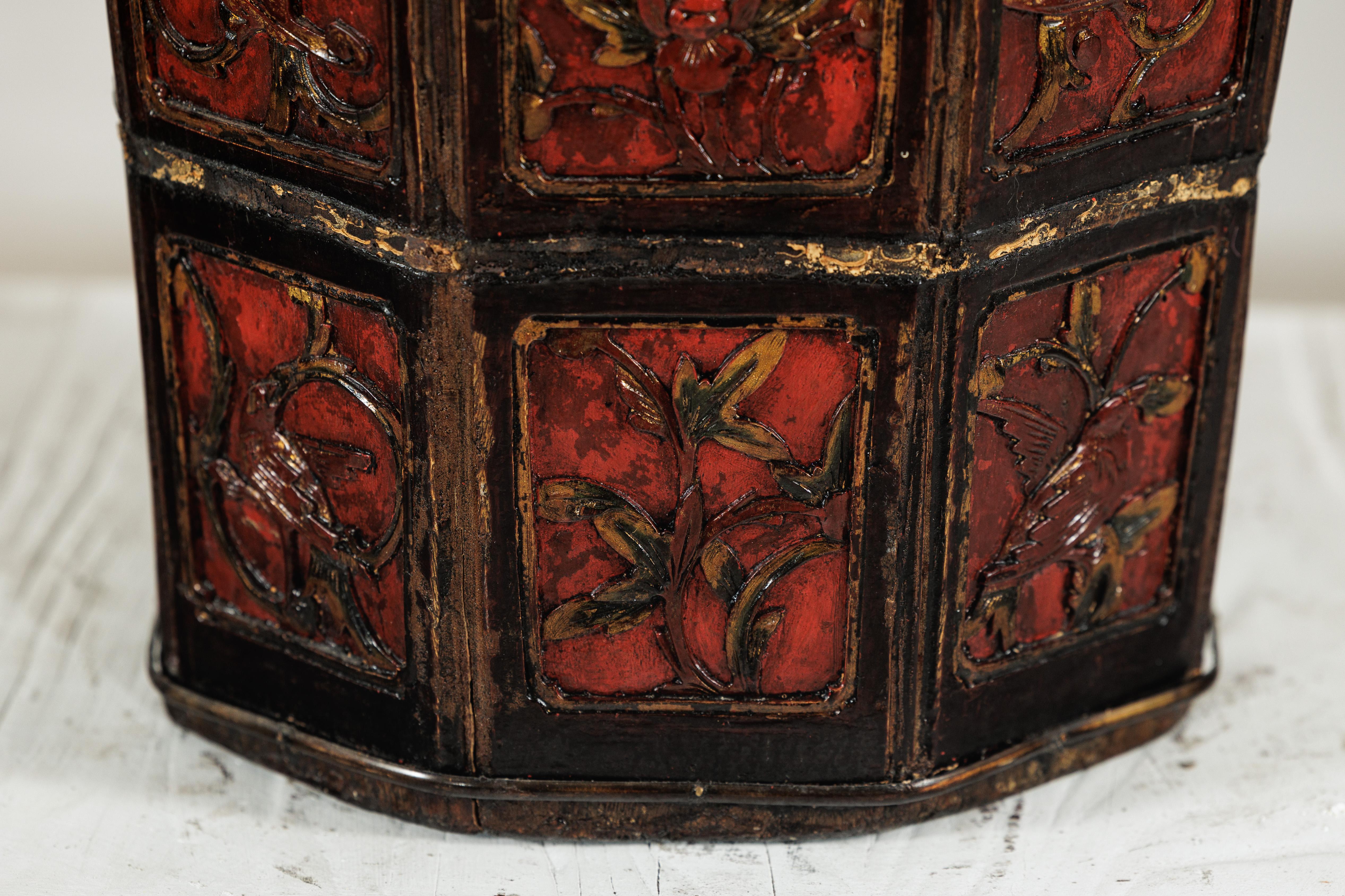 Late Qing Chinese Red and Black Lacquered Rice Measure Bucket with Carved Panels For Sale 5