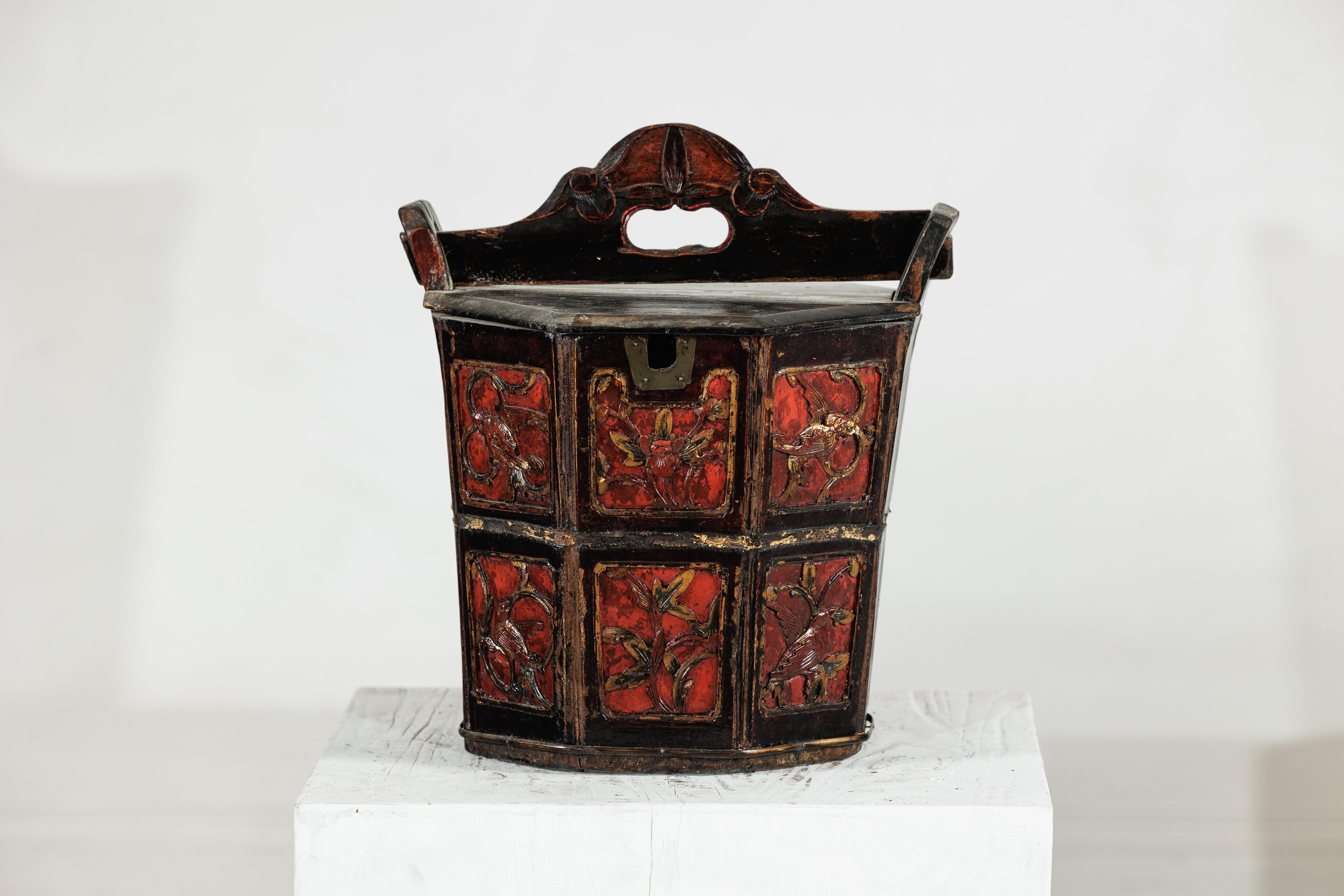 Late Qing Chinese Red and Black Lacquered Rice Measure Bucket with Carved Panels For Sale 9