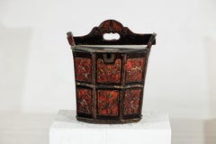 Late Qing Chinese Red and Black Lacquered Rice Measure Bucket with Carved Panels