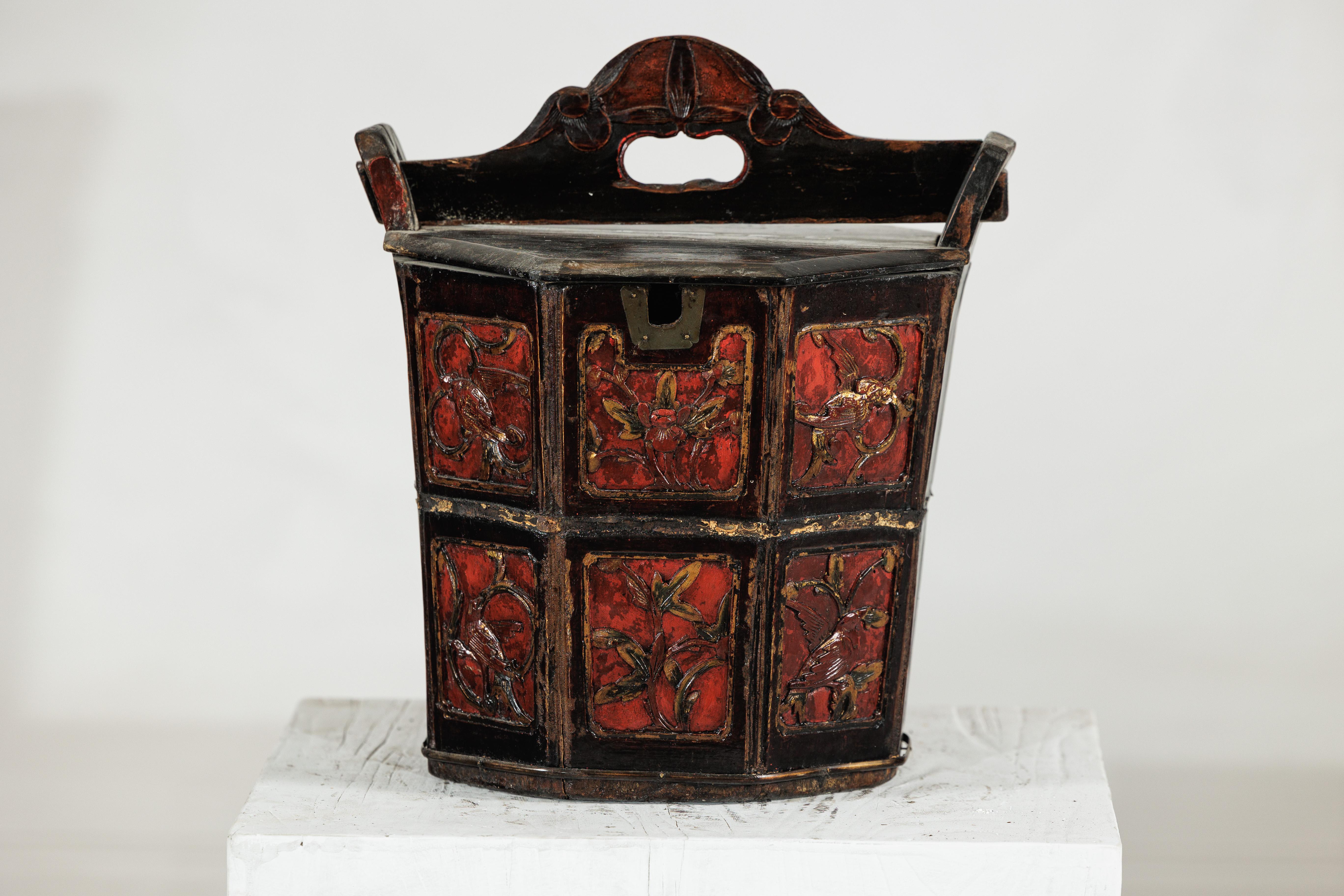 Late Qing Chinese Red and Black Lacquered Rice Measure Bucket with Carved Panels In Good Condition For Sale In Yonkers, NY