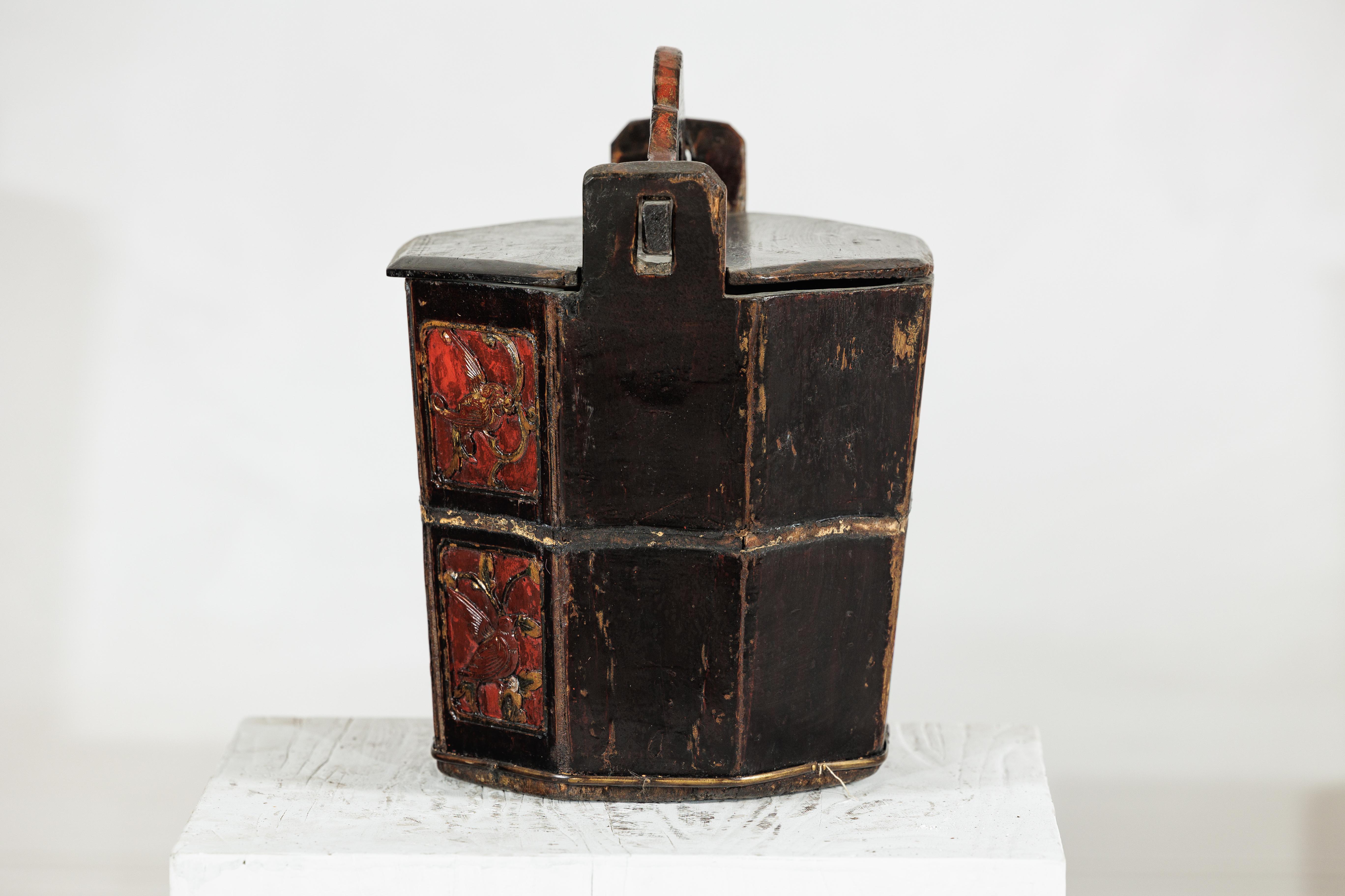 Late Qing Chinese Red and Black Lacquered Rice Measure Bucket with Carved Panels For Sale 2