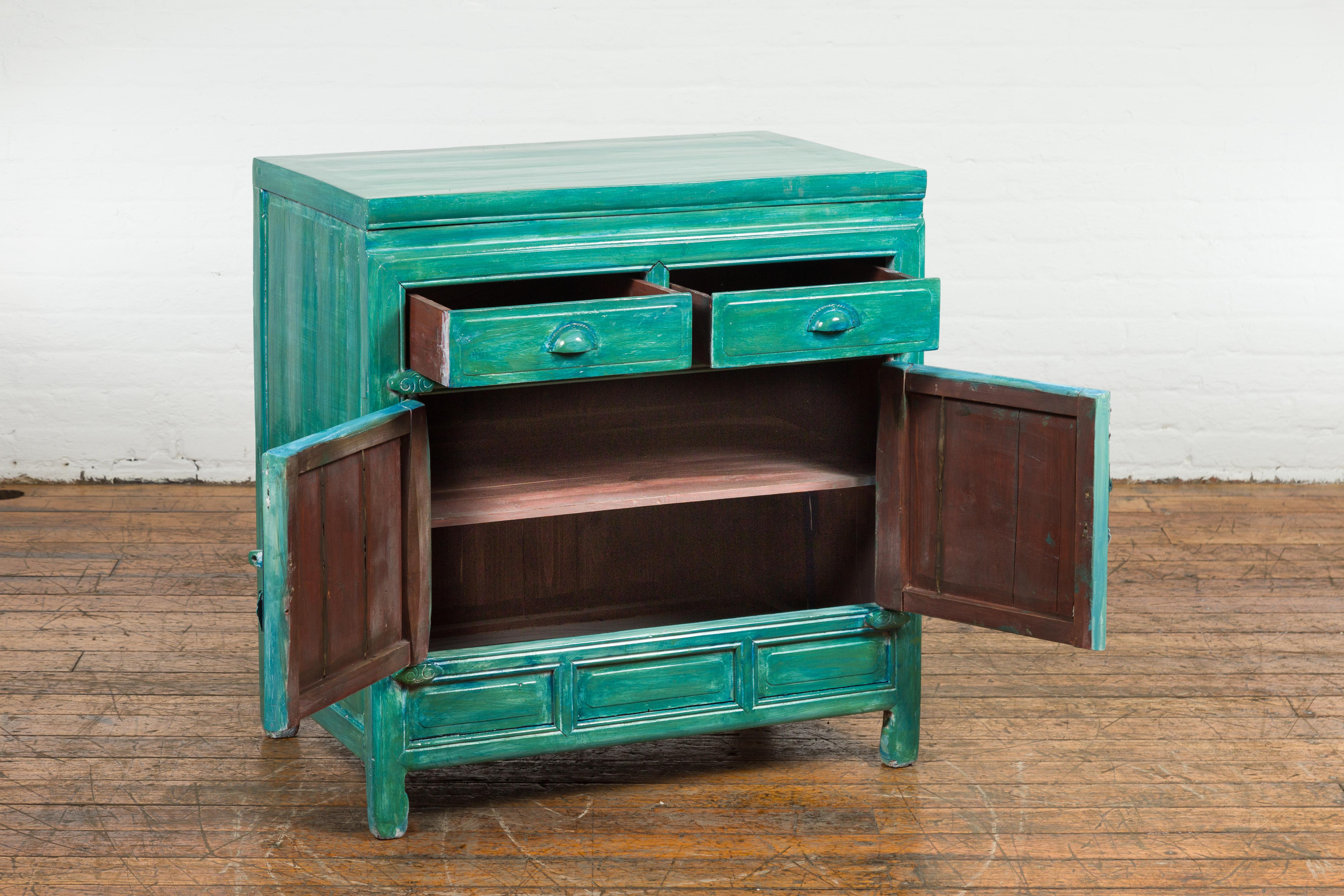 Qing Dynasty Aqua Teal Side Cabinet with Drawers & Doors For Sale 4
