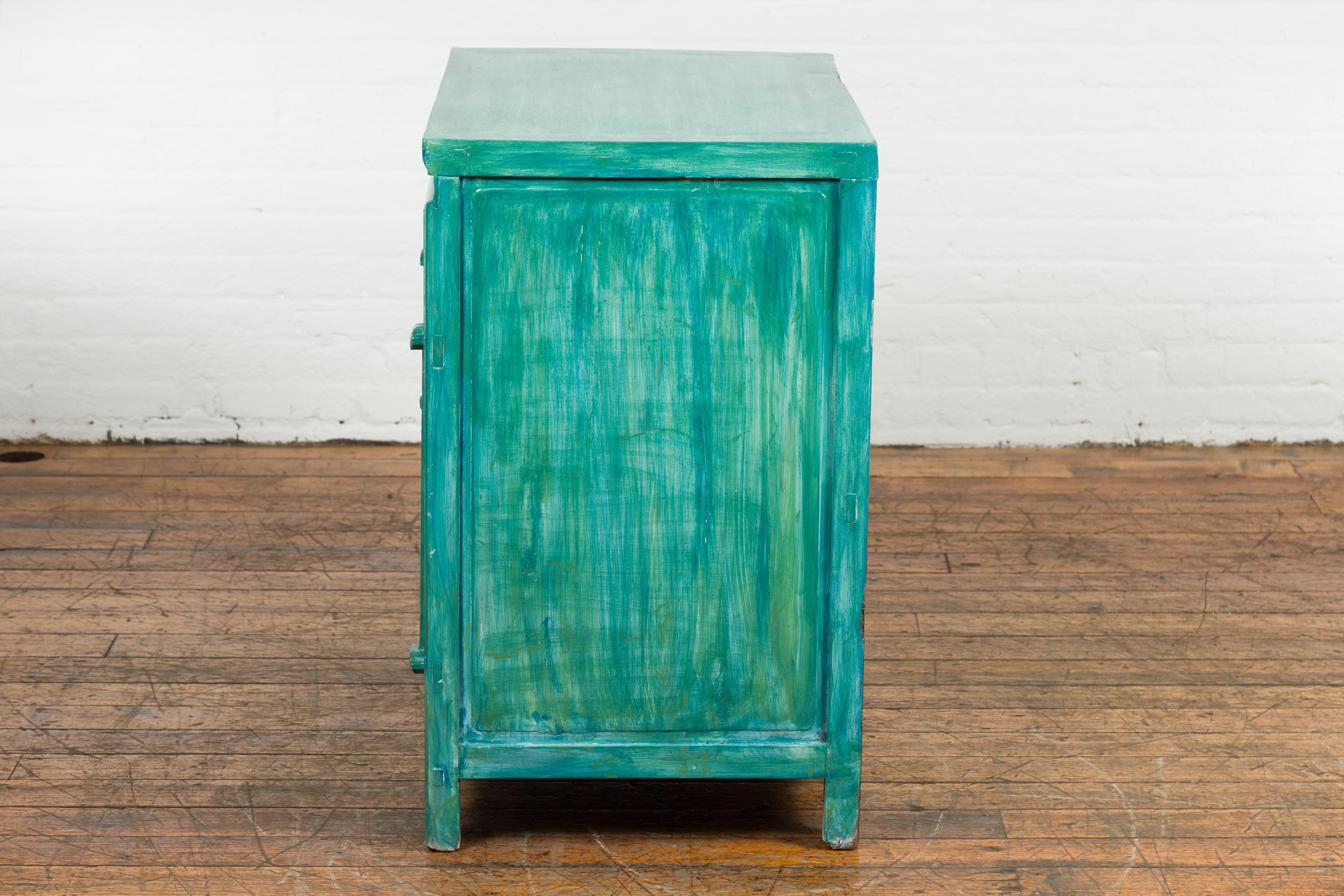 Qing Dynasty Aqua Teal Side Cabinet with Drawers & Doors For Sale 6
