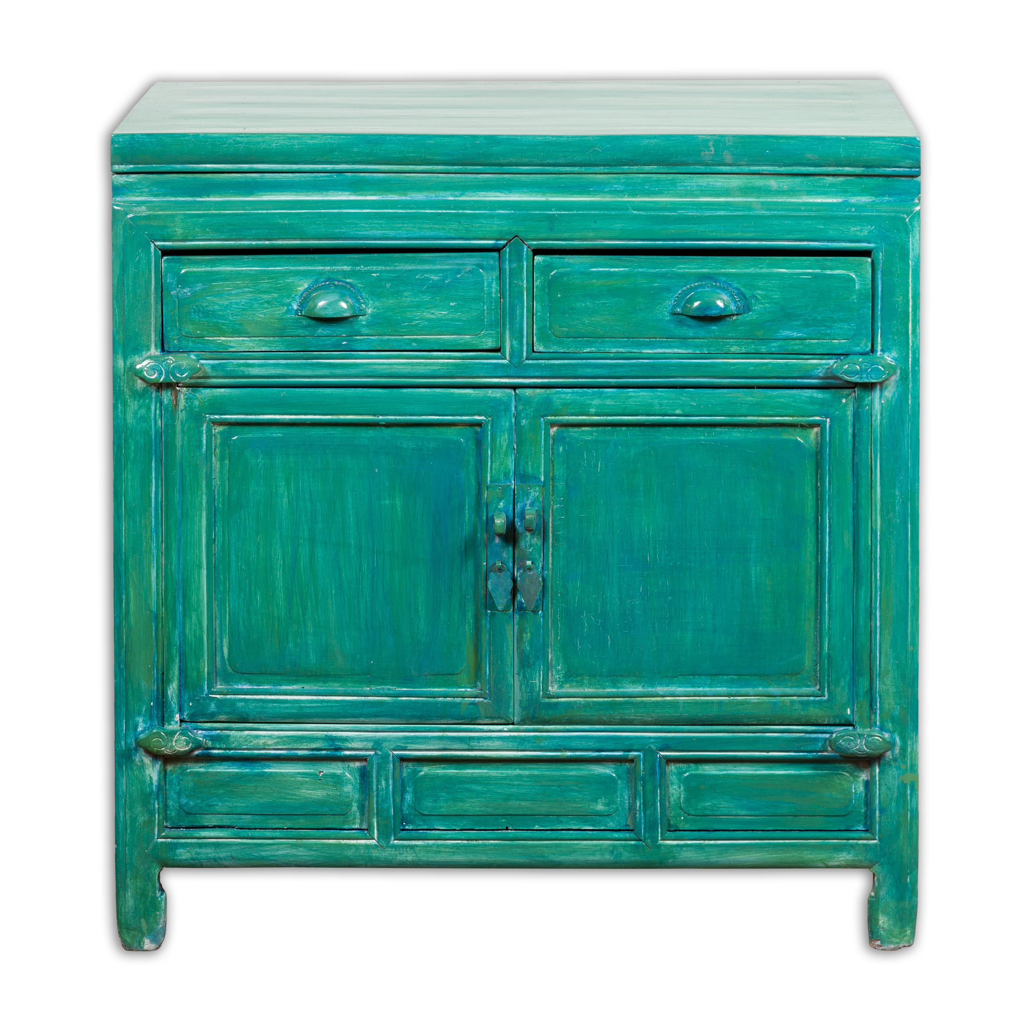 Qing Dynasty Aqua Teal Side Cabinet with Drawers & Doors For Sale 9