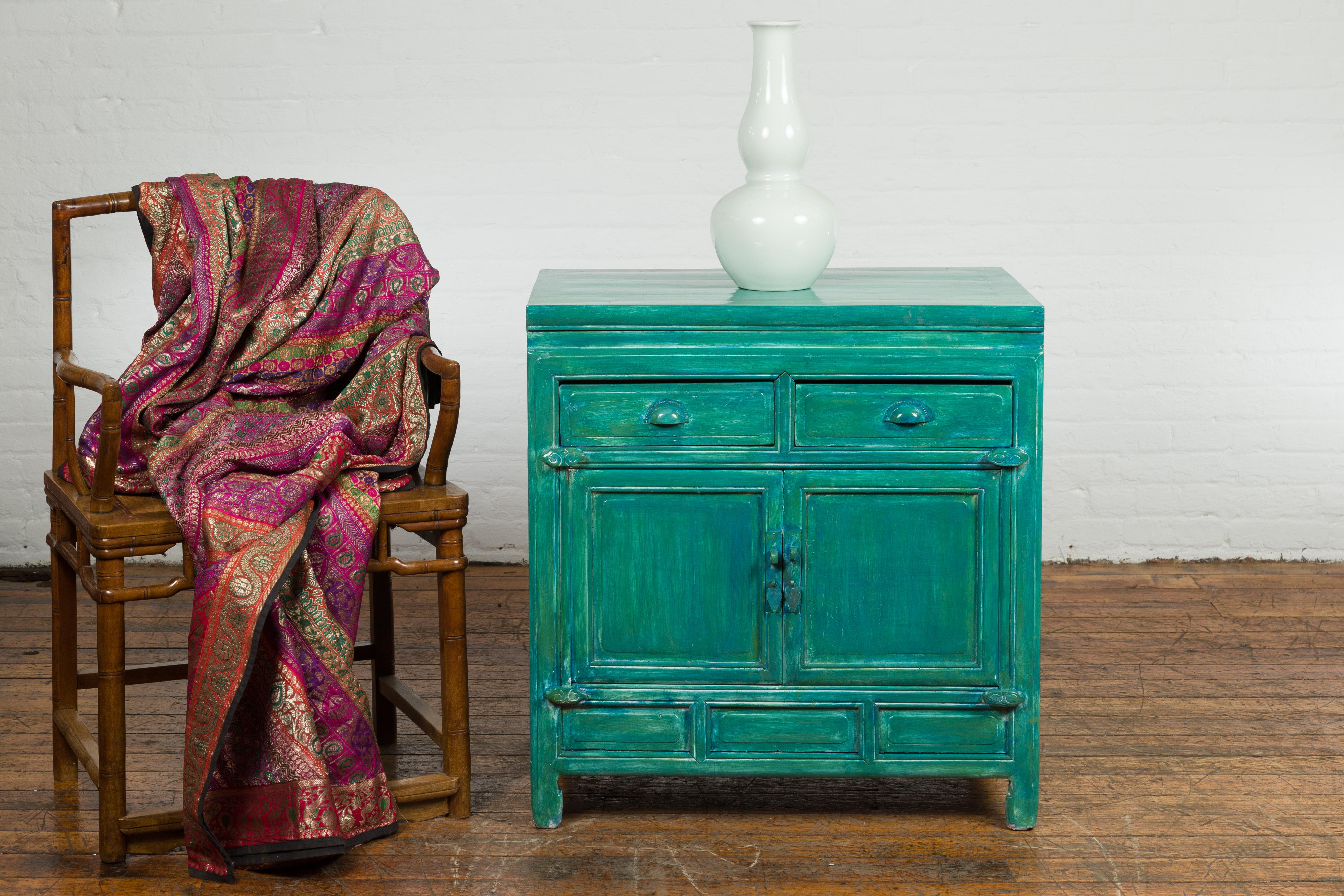Chinese Qing Dynasty Aqua Teal Side Cabinet with Drawers & Doors For Sale