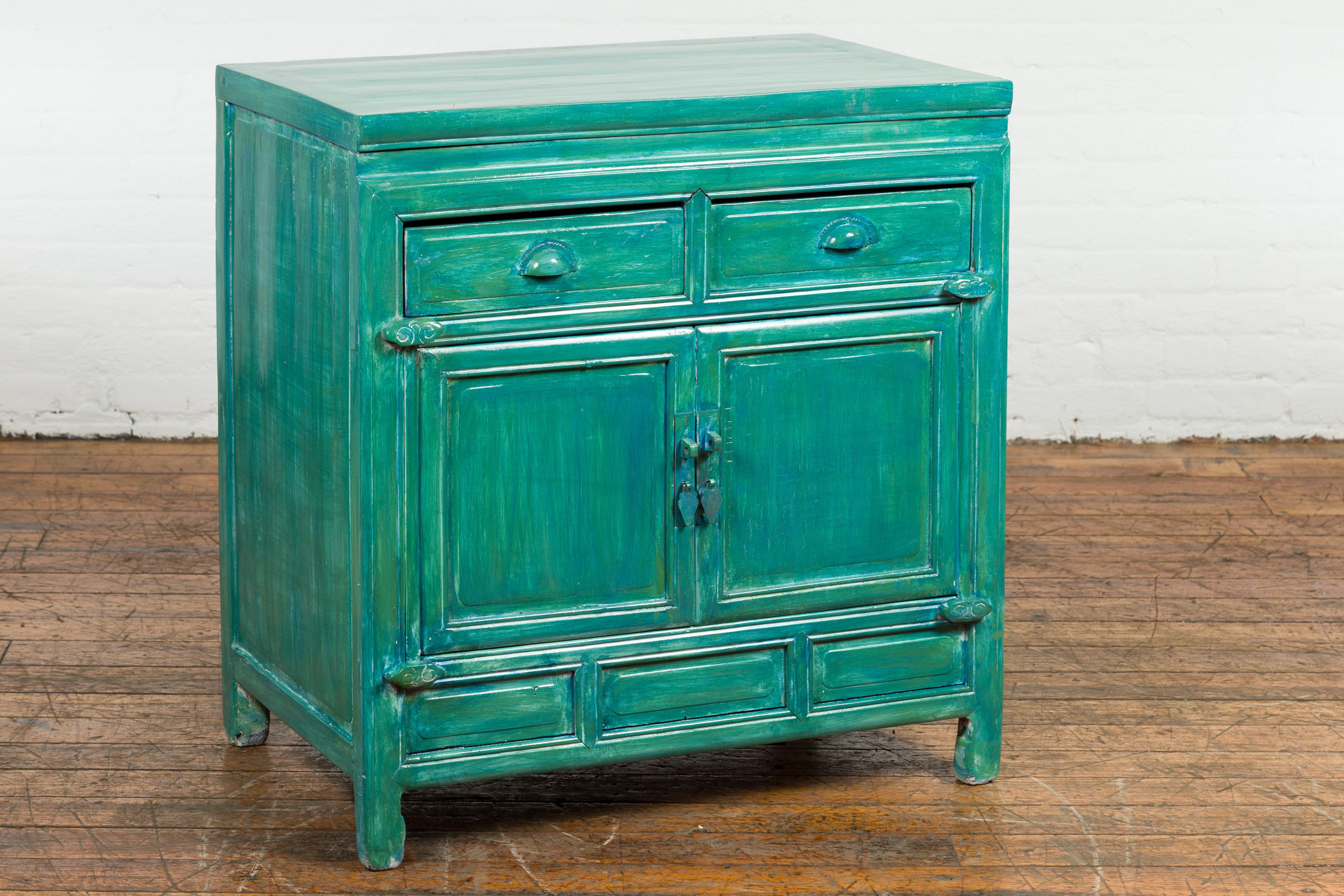Chinese Qing Dynasty Aqua Teal Side Cabinet with Drawers & Doors For Sale