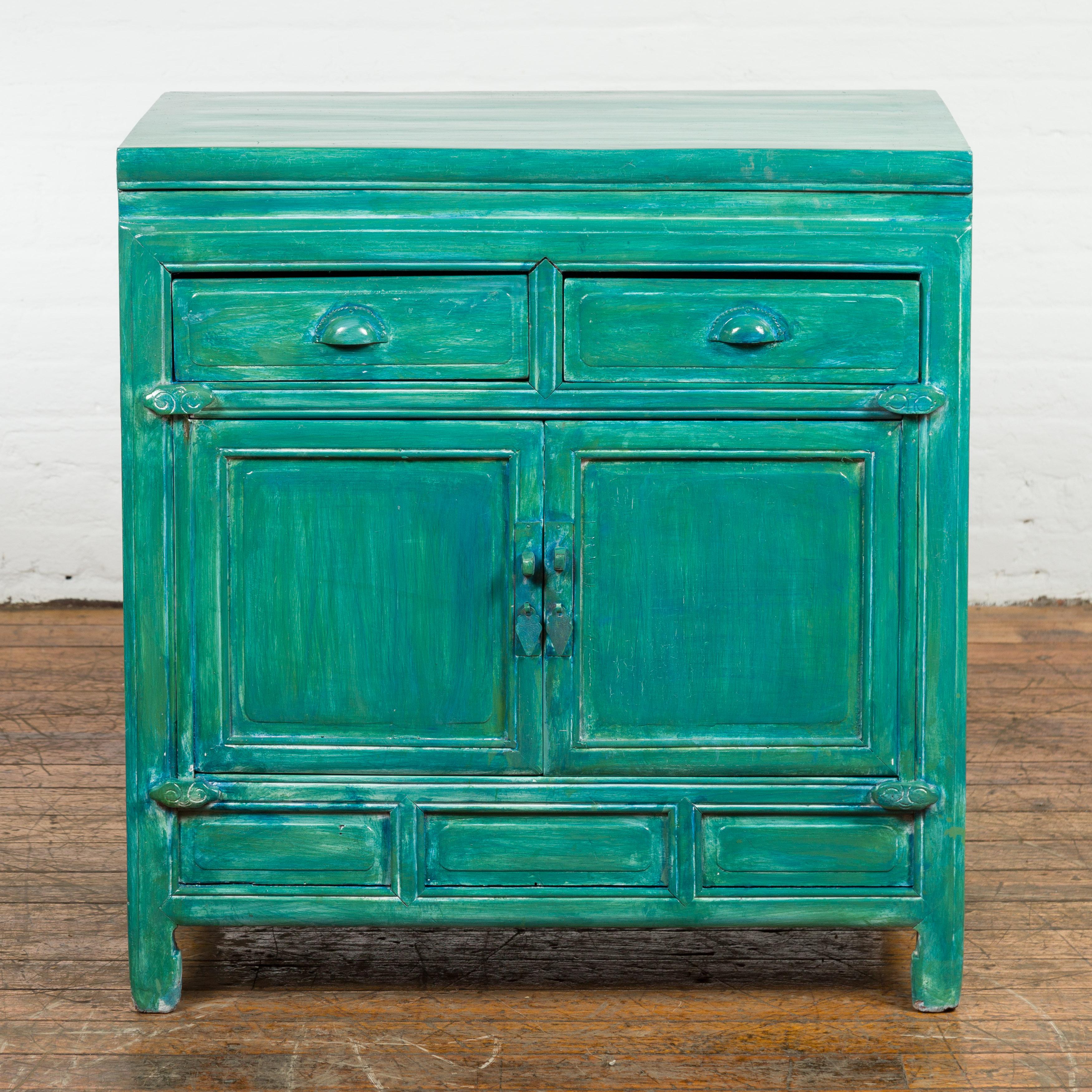 Carved Qing Dynasty Aqua Teal Side Cabinet with Drawers & Doors For Sale