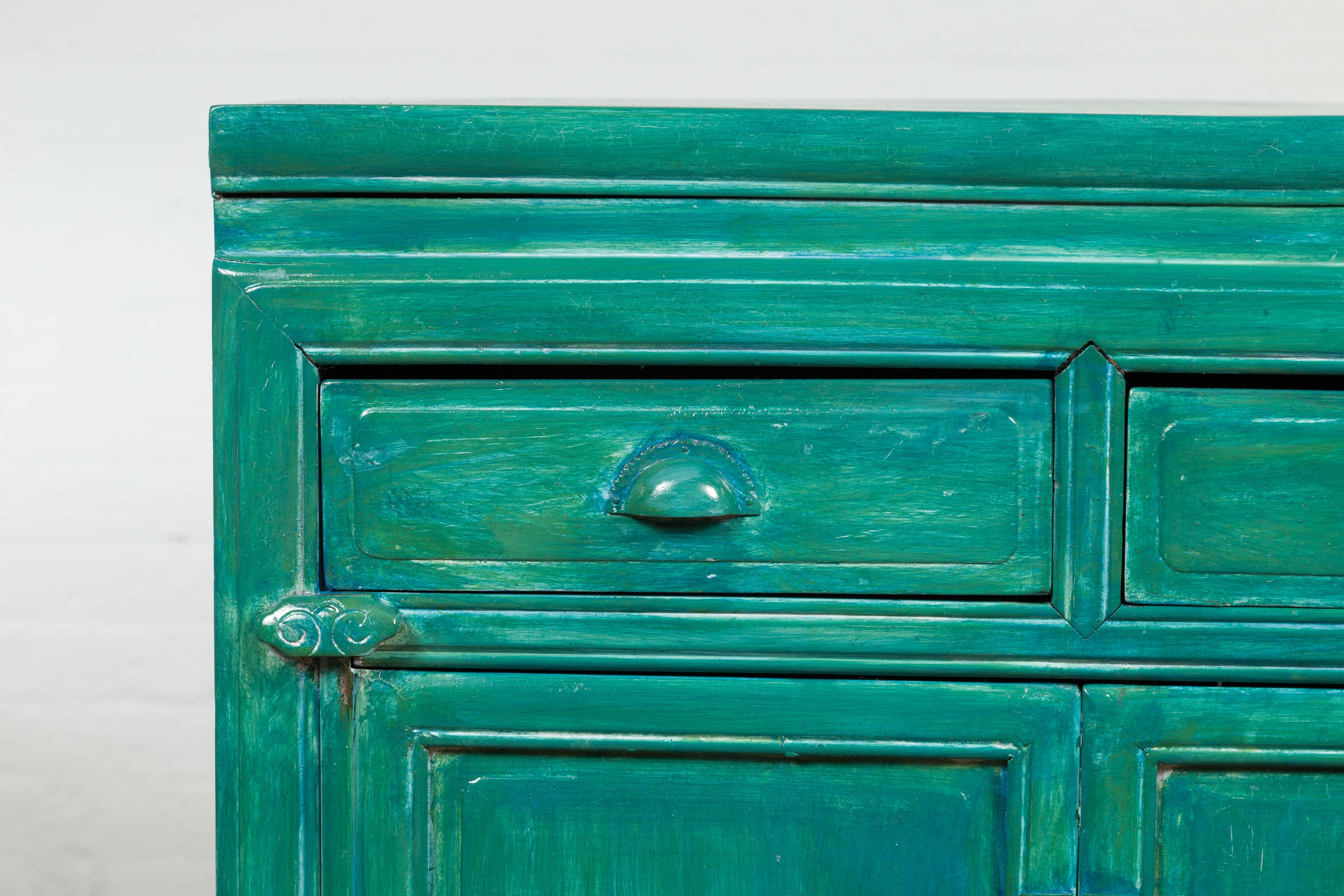 Qing Dynasty Aqua Teal Side Cabinet with Drawers & Doors In Good Condition For Sale In Yonkers, NY