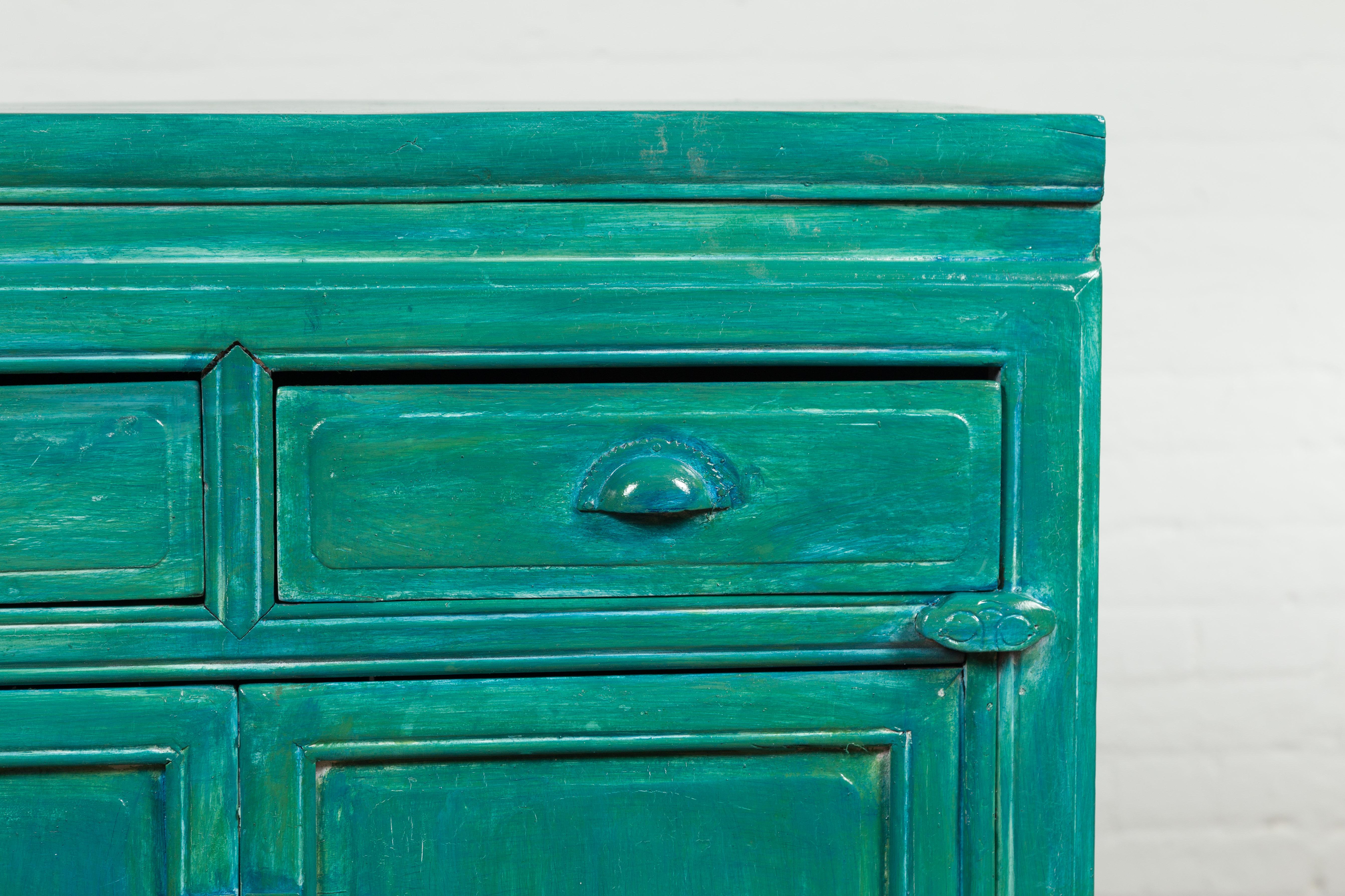 Wood Qing Dynasty Aqua Teal Side Cabinet with Drawers & Doors For Sale