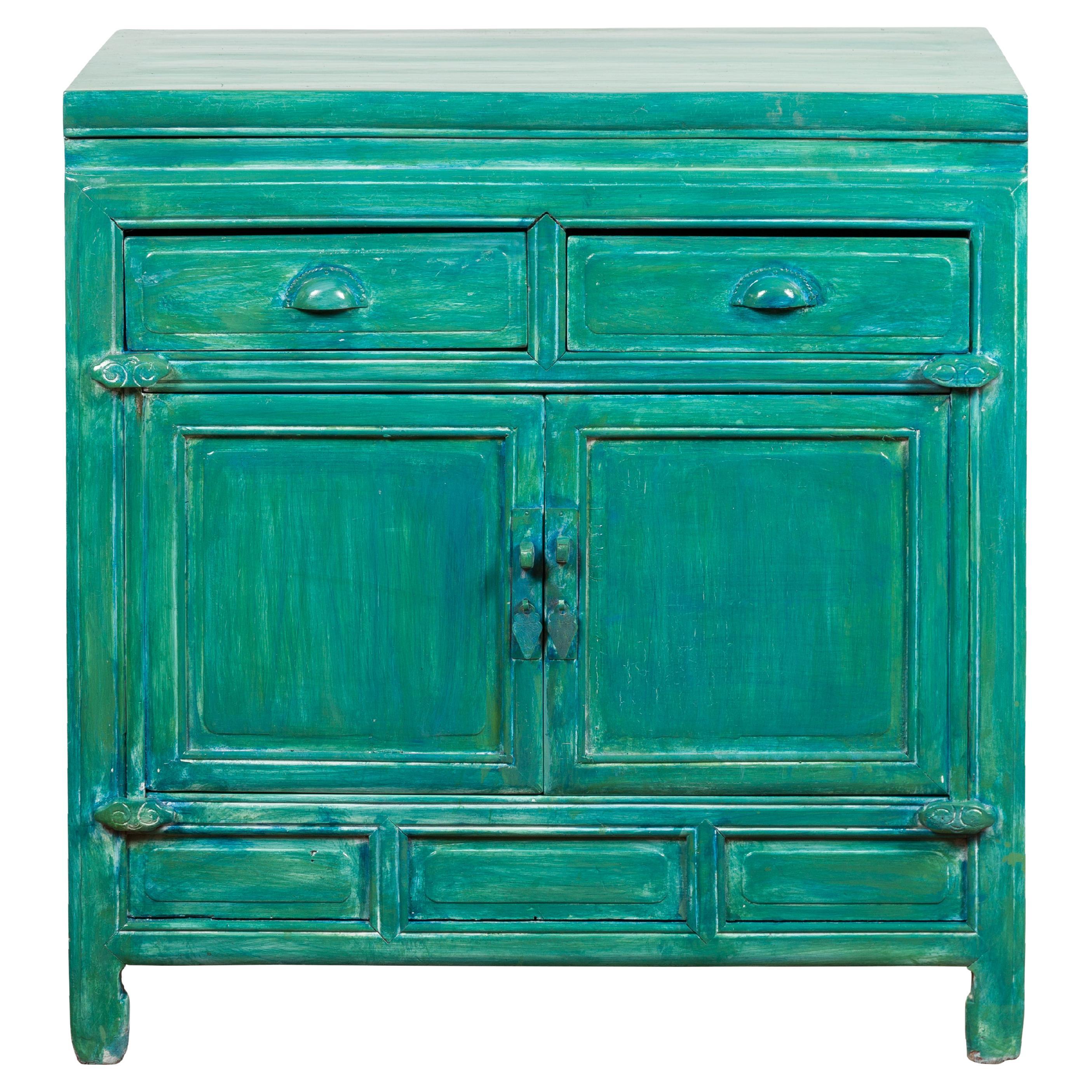 Qing Dynasty Aqua Teal Side Cabinet with Drawers & Doors For Sale