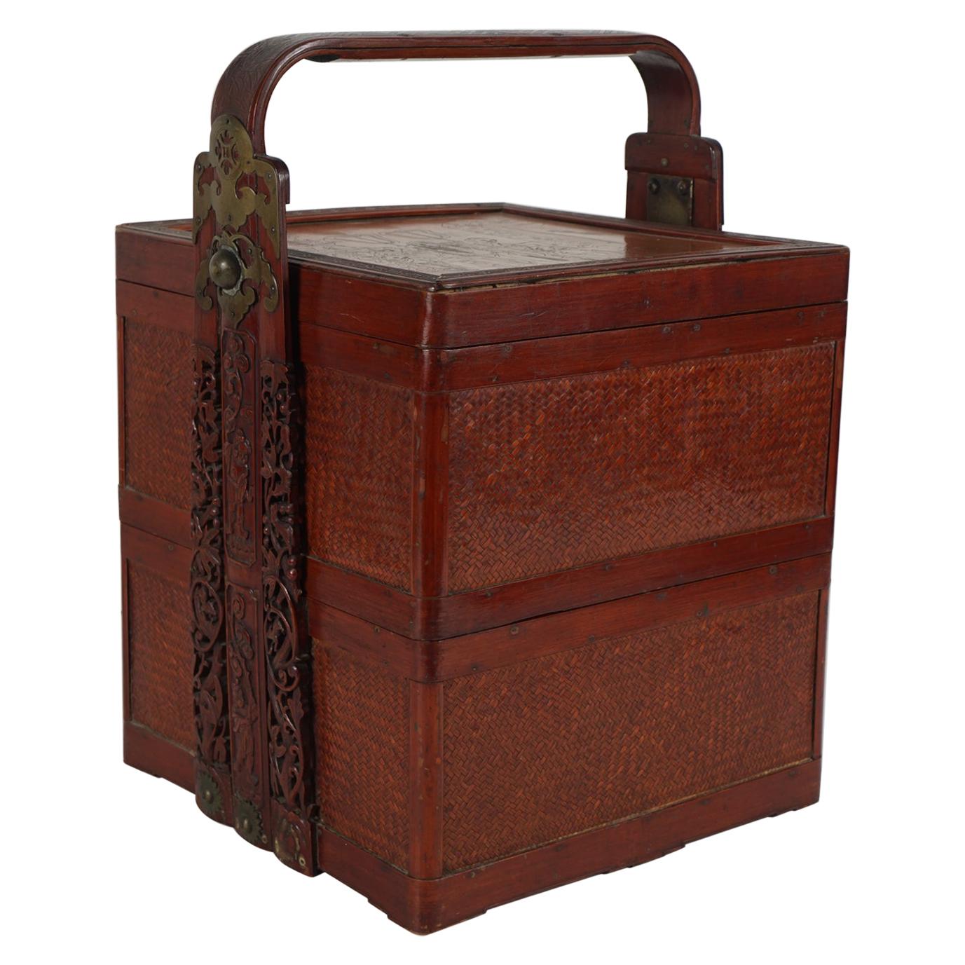 Late Qing Dynasty Chinese Carved Bamboo and Woven Rush Lockable Wedding Basket. 