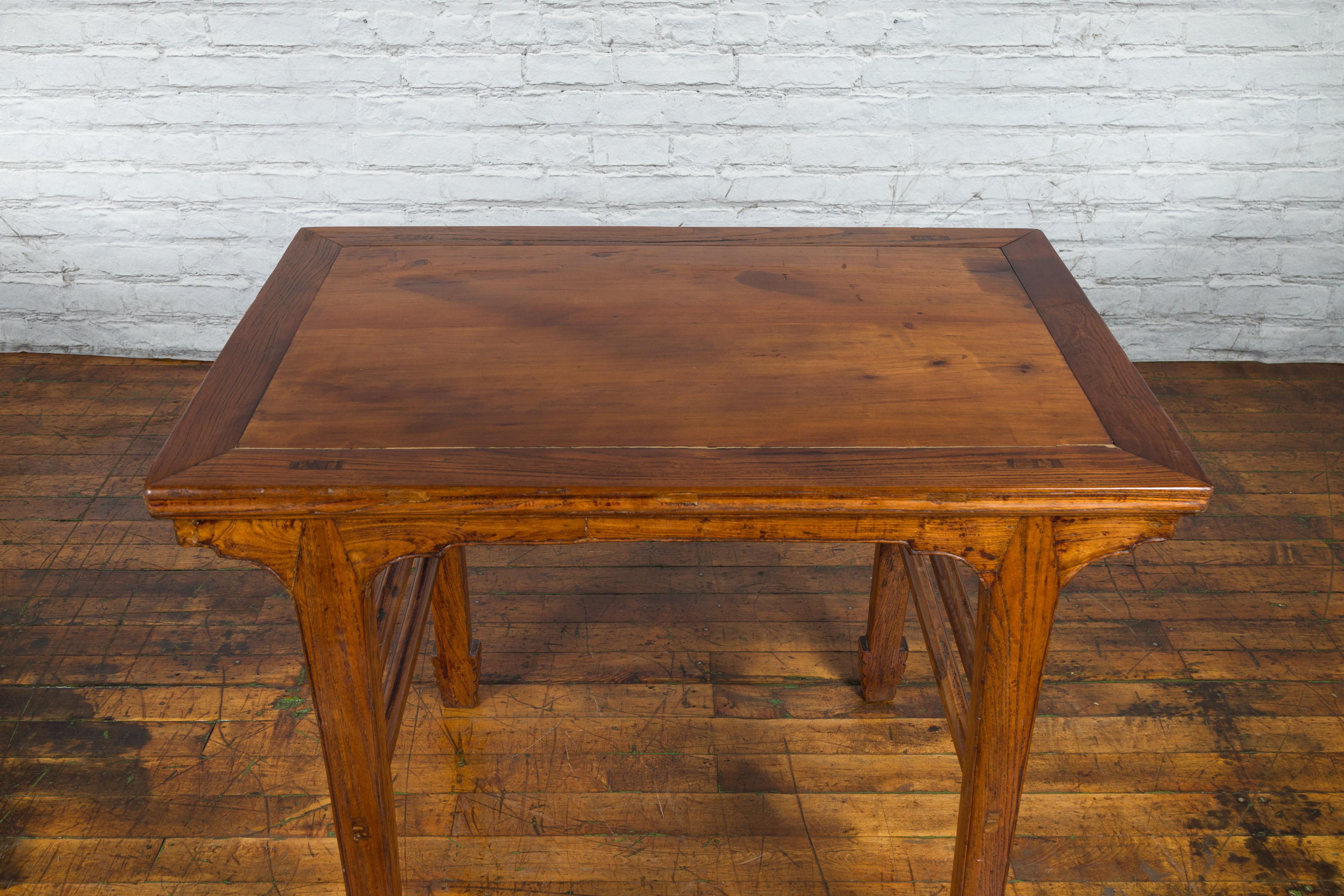 Late Qing Dynasty Elm Wine Table with Carved Legs and Side Stretchers For Sale 4