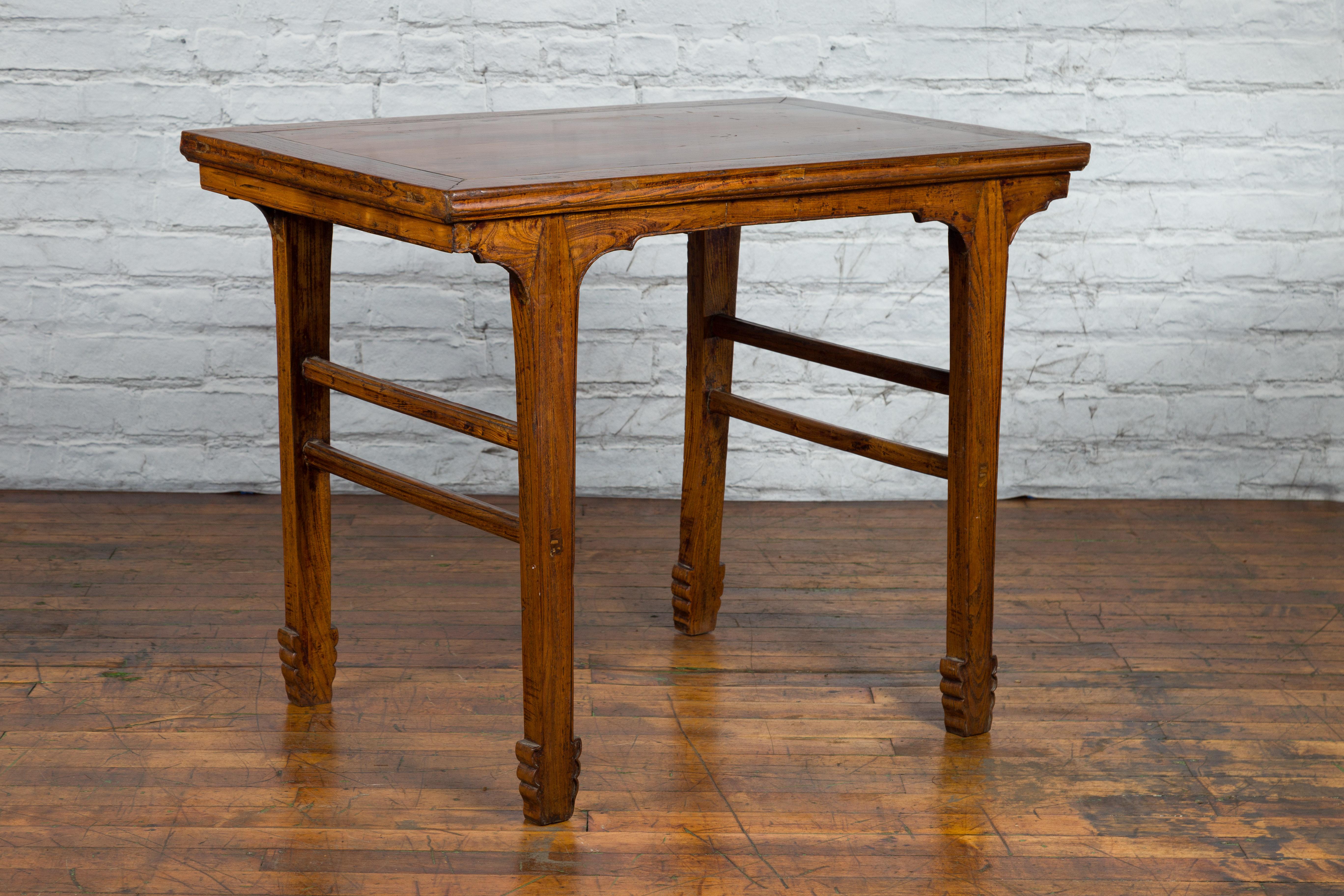 Late Qing Dynasty Chinese Elm Wine Table with Carved Legs and Side Stretchers For Sale 7