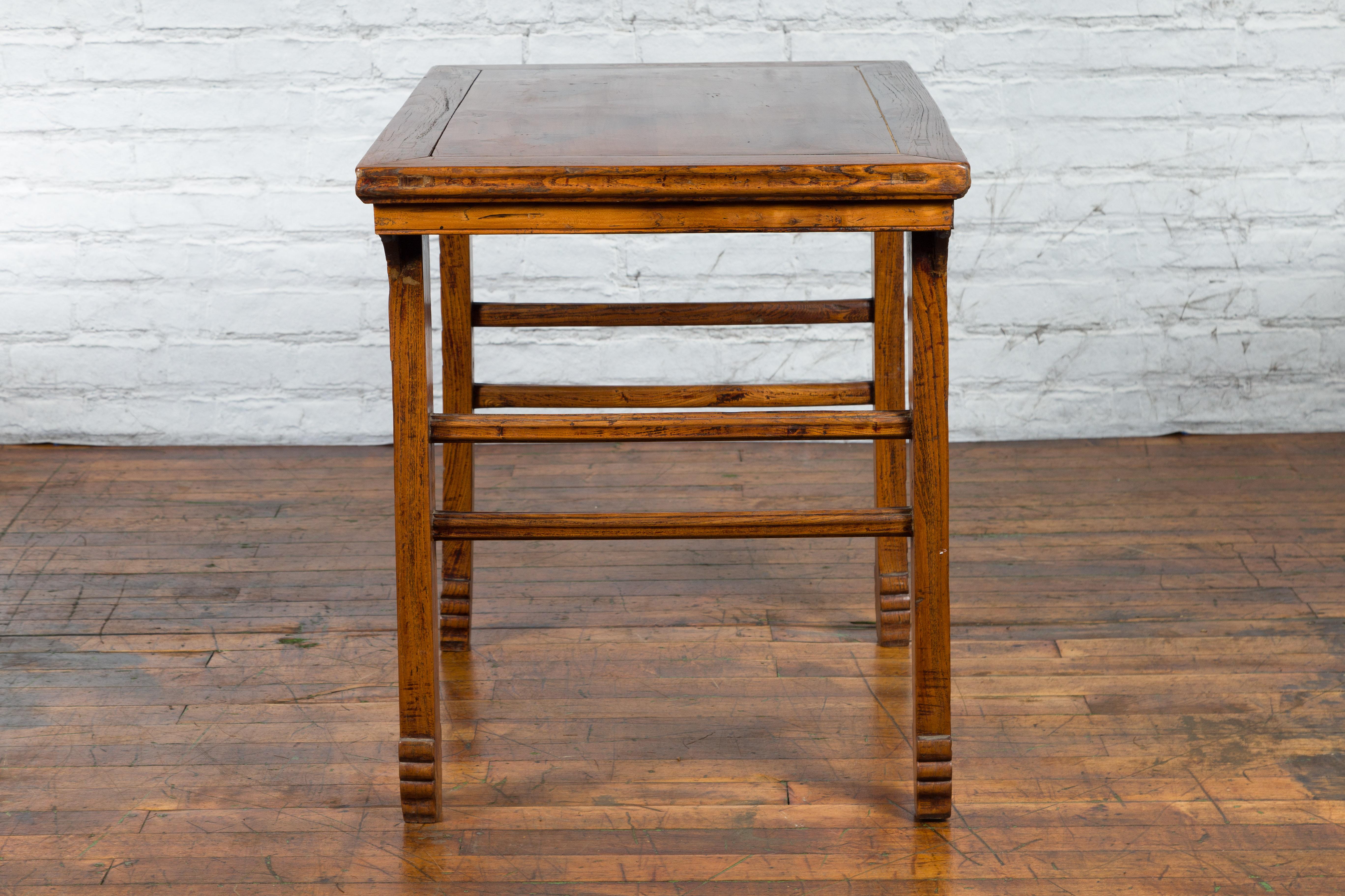 Late Qing Dynasty Chinese Elm Wine Table with Carved Legs and Side Stretchers For Sale 8