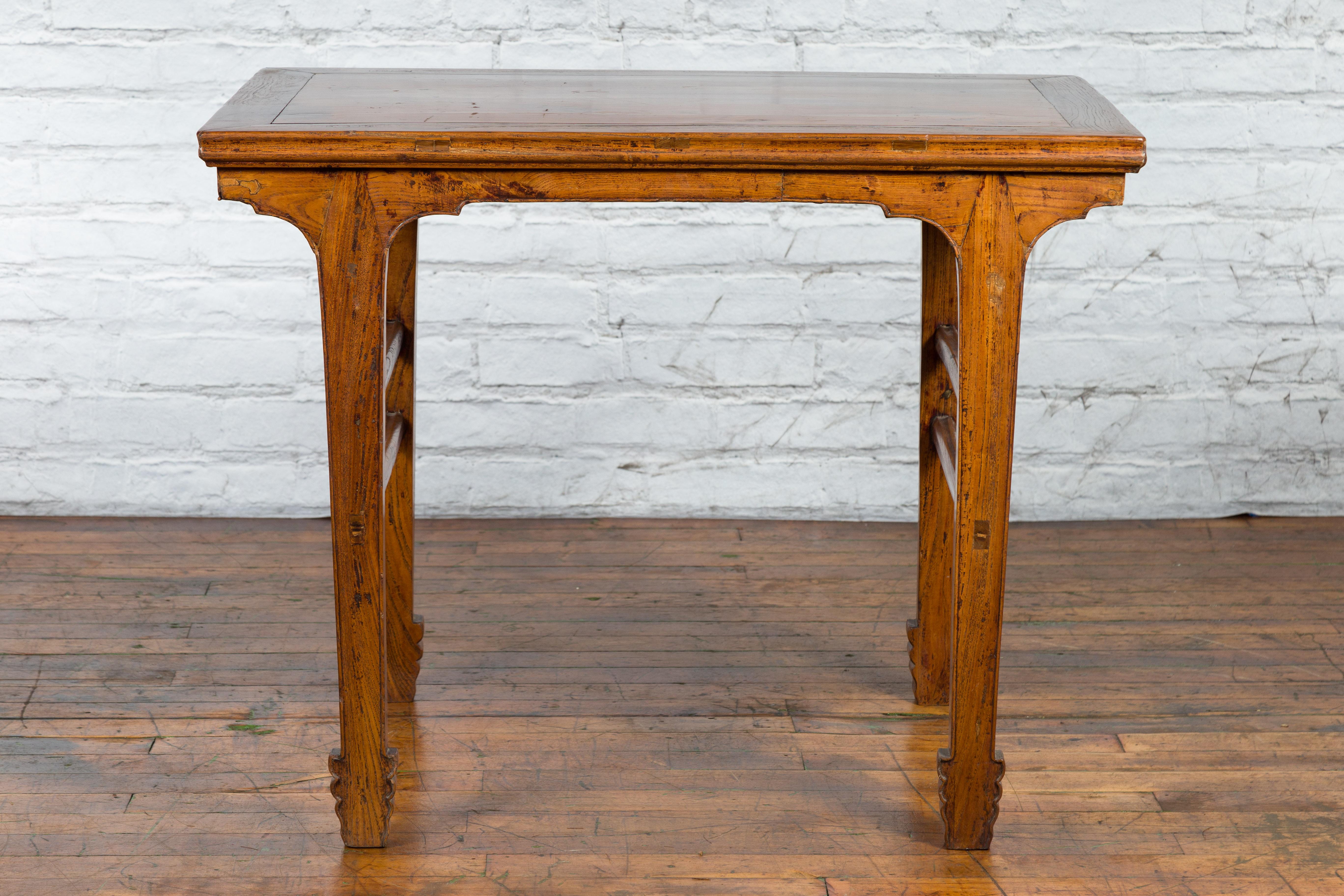 Late Qing Dynasty Chinese Elm Wine Table with Carved Legs and Side Stretchers For Sale 10