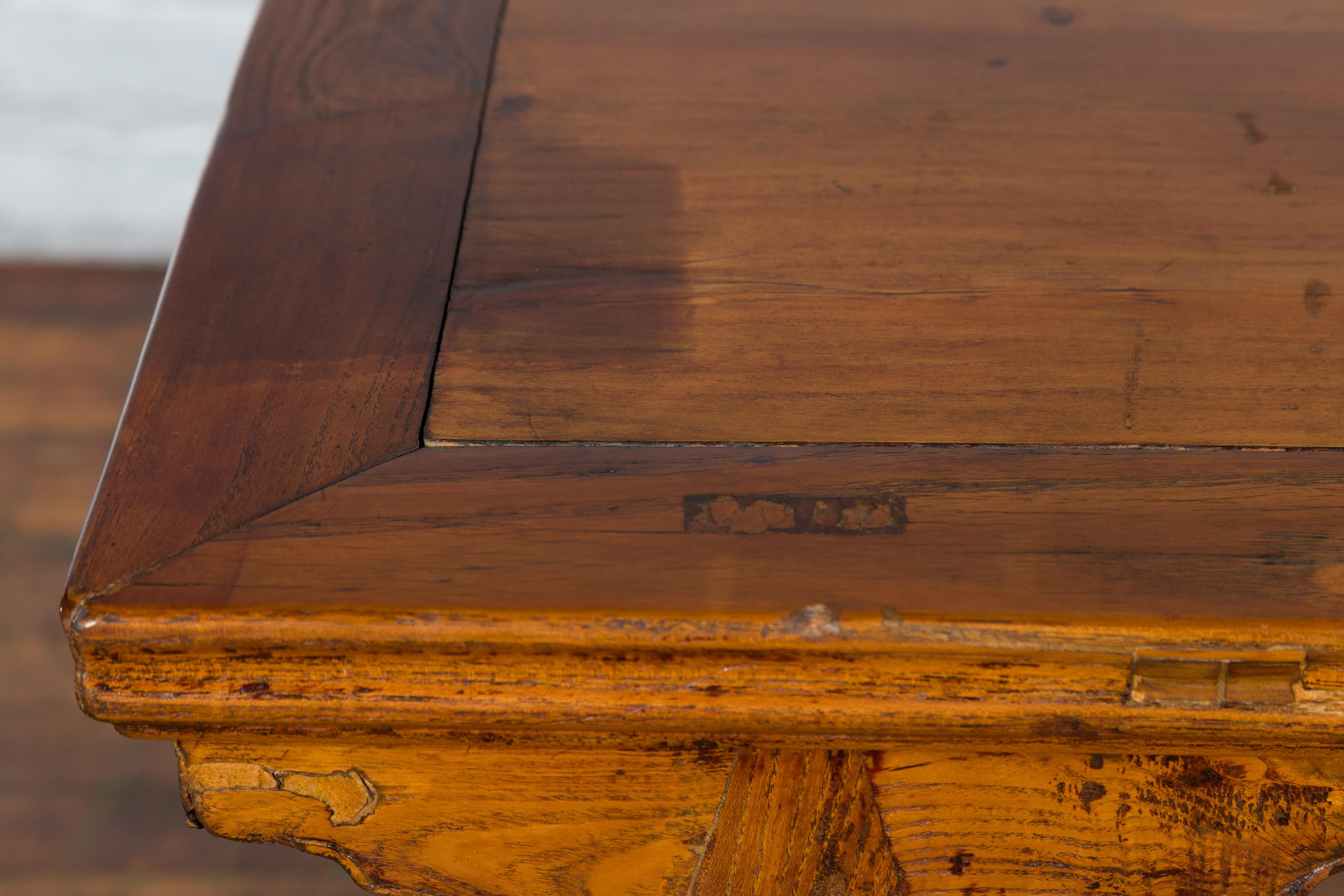 Late Qing Dynasty Elm Wine Table with Carved Legs and Side Stretchers For Sale 9