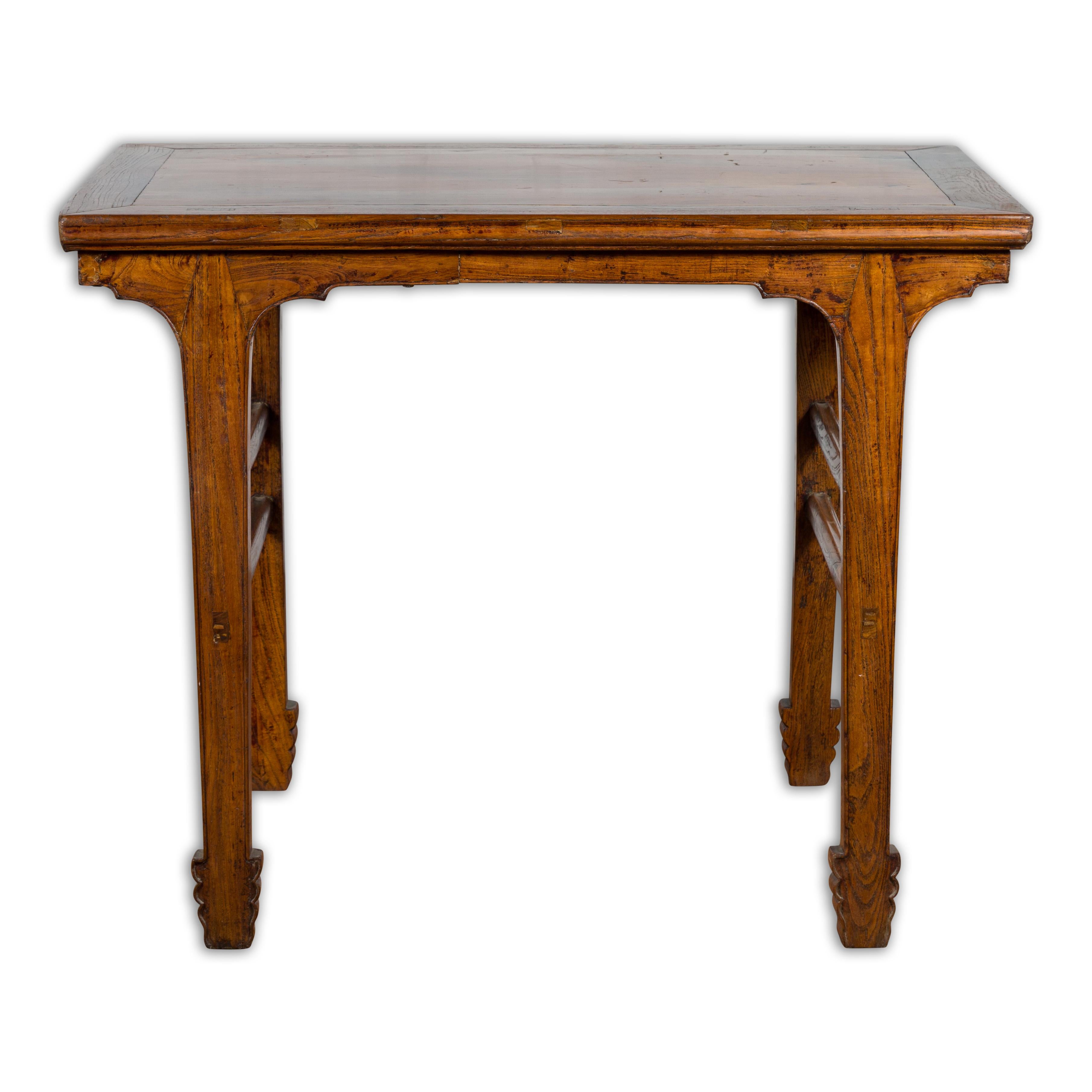 Late Qing Dynasty Chinese Elm Wine Table with Carved Legs and Side Stretchers For Sale 12