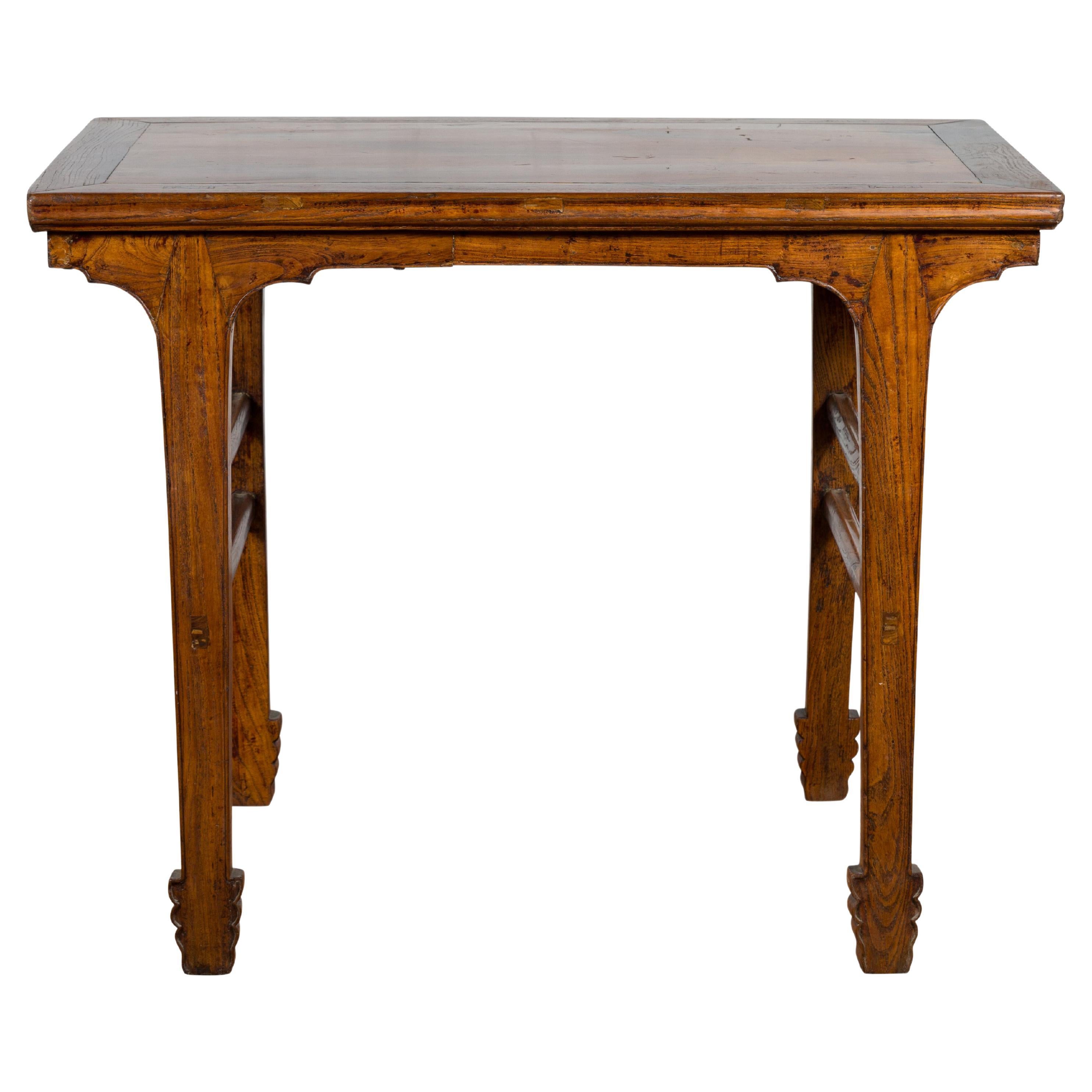 Late Qing Dynasty Chinese Elm Wine Table with Carved Legs and Side Stretchers For Sale
