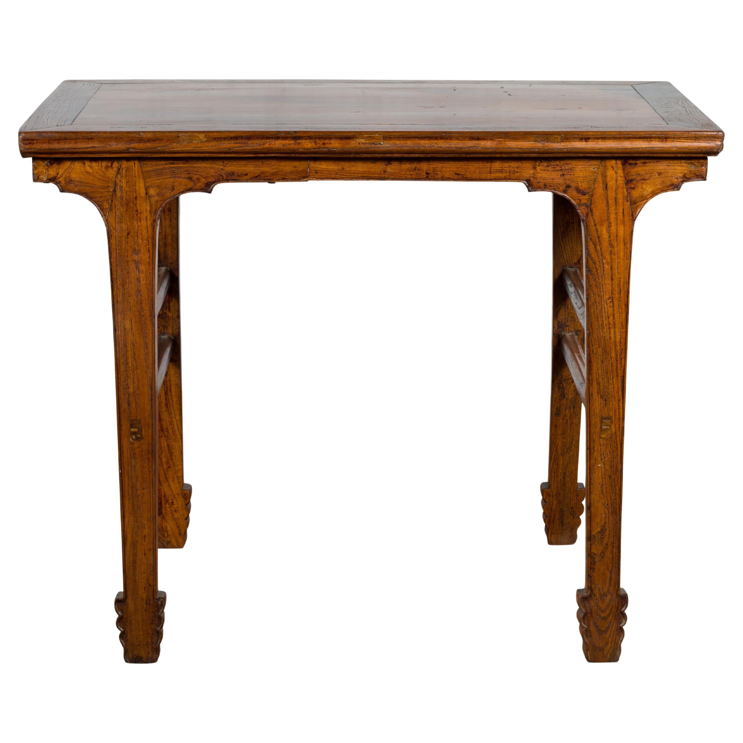 Late Qing Dynasty Elm Wine Table with Carved Legs and Side Stretchers