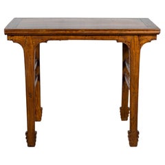 Late Qing Dynasty Chinese Elm Wine Table with Carved Legs and Side Stretchers