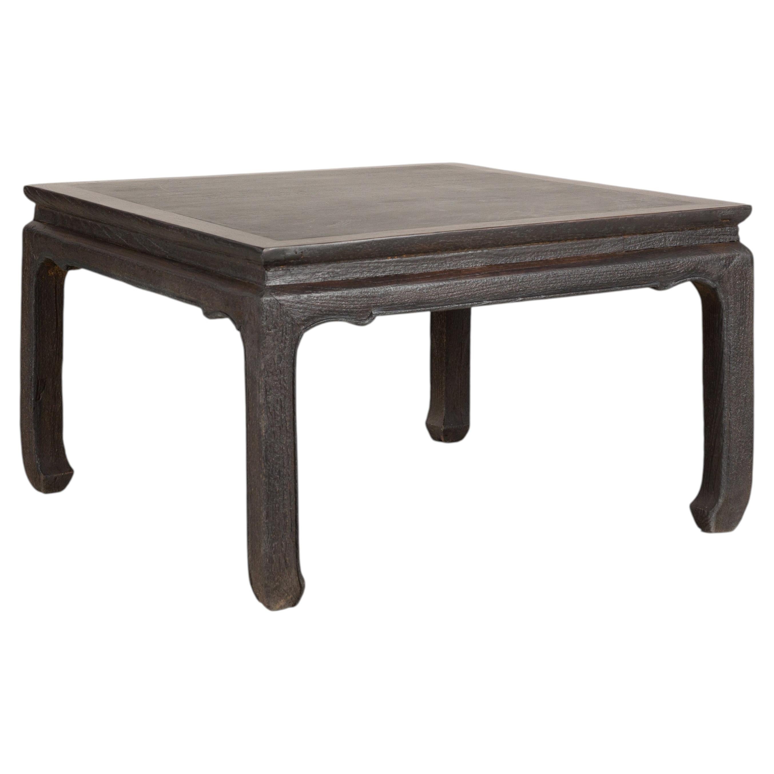 Late Qing Dynasty Chinese Low Hardwood Table with Dark Stone Top and Hoof Feet