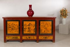 Late Qing Dynasty Chinese Red Lacquer Cabinet with Painted Landscapes