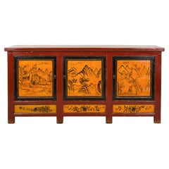 Late Qing Dynasty Chinese Red Lacquer Cabinet with Painted Landscapes