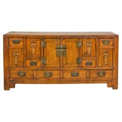 Late Qing Dynasty Elm Sideboard with Carved Floral Vases, Doors and Drawers
