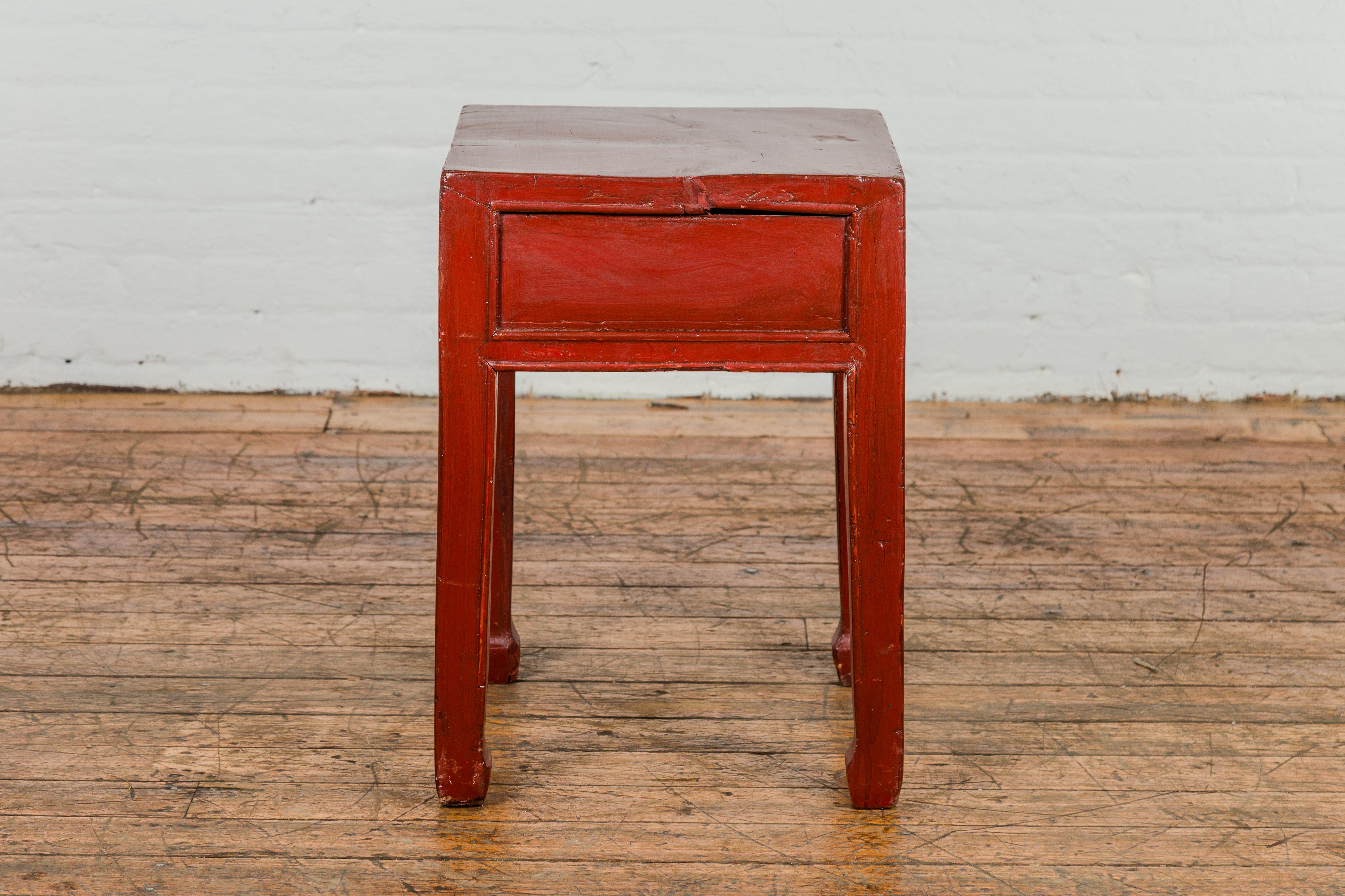 Late Qing Dynasty Red Lacquer Side Table with Single Drawer and Horse Hoof Feet For Sale 3