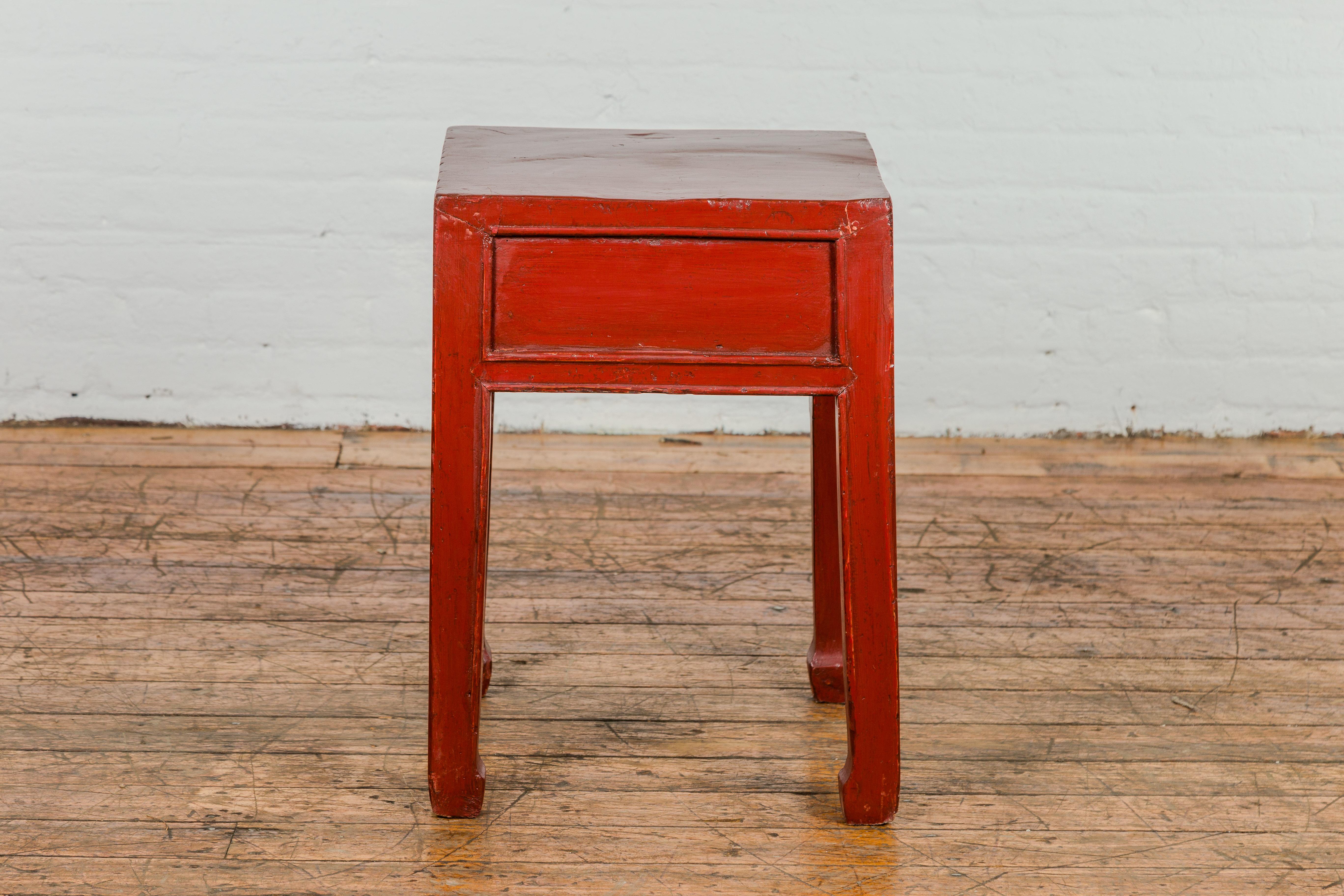 Late Qing Dynasty Red Lacquer Side Table with Single Drawer and Horse Hoof Feet For Sale 4
