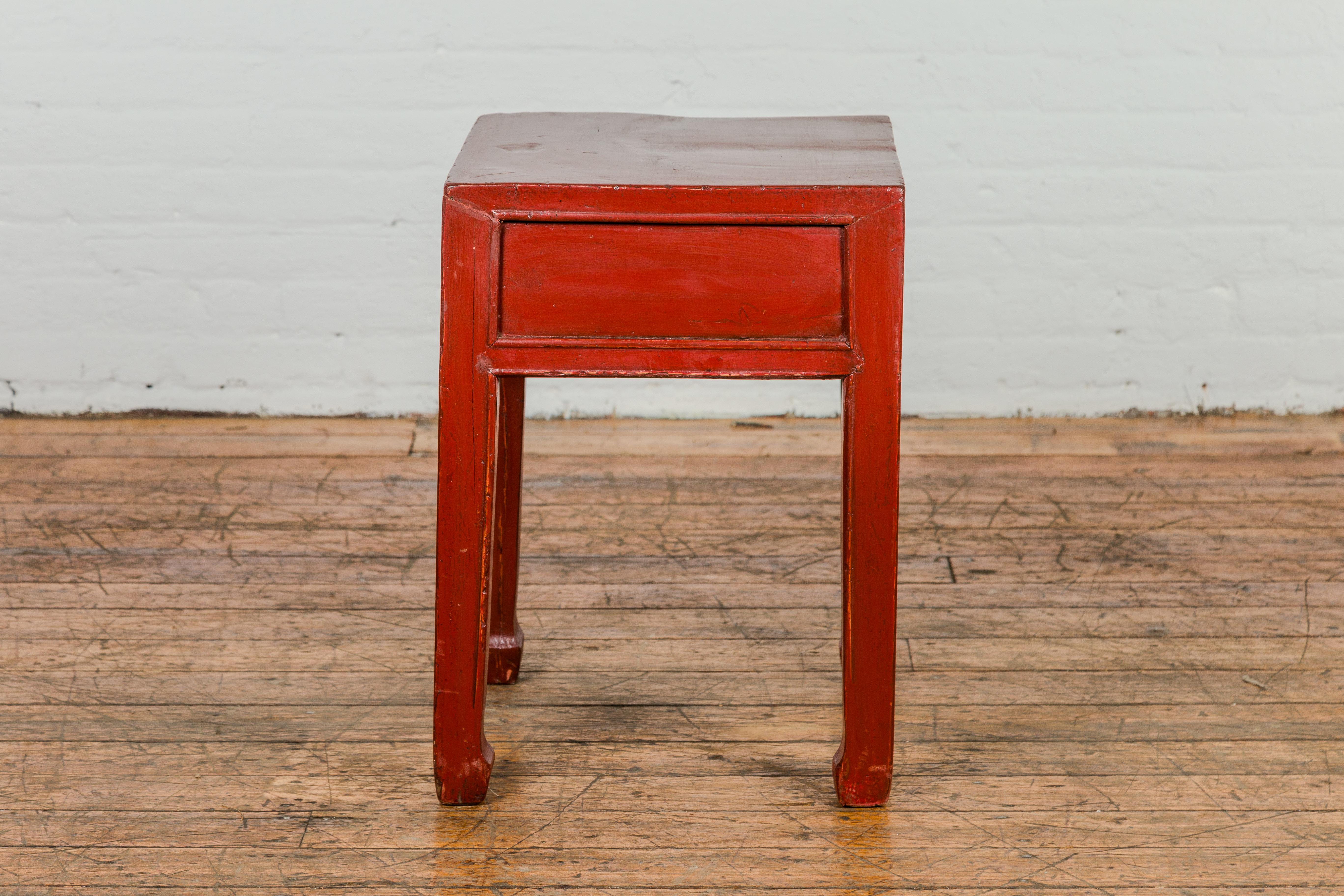 Late Qing Dynasty Red Lacquer Side Table with Single Drawer and Horse Hoof Feet For Sale 5
