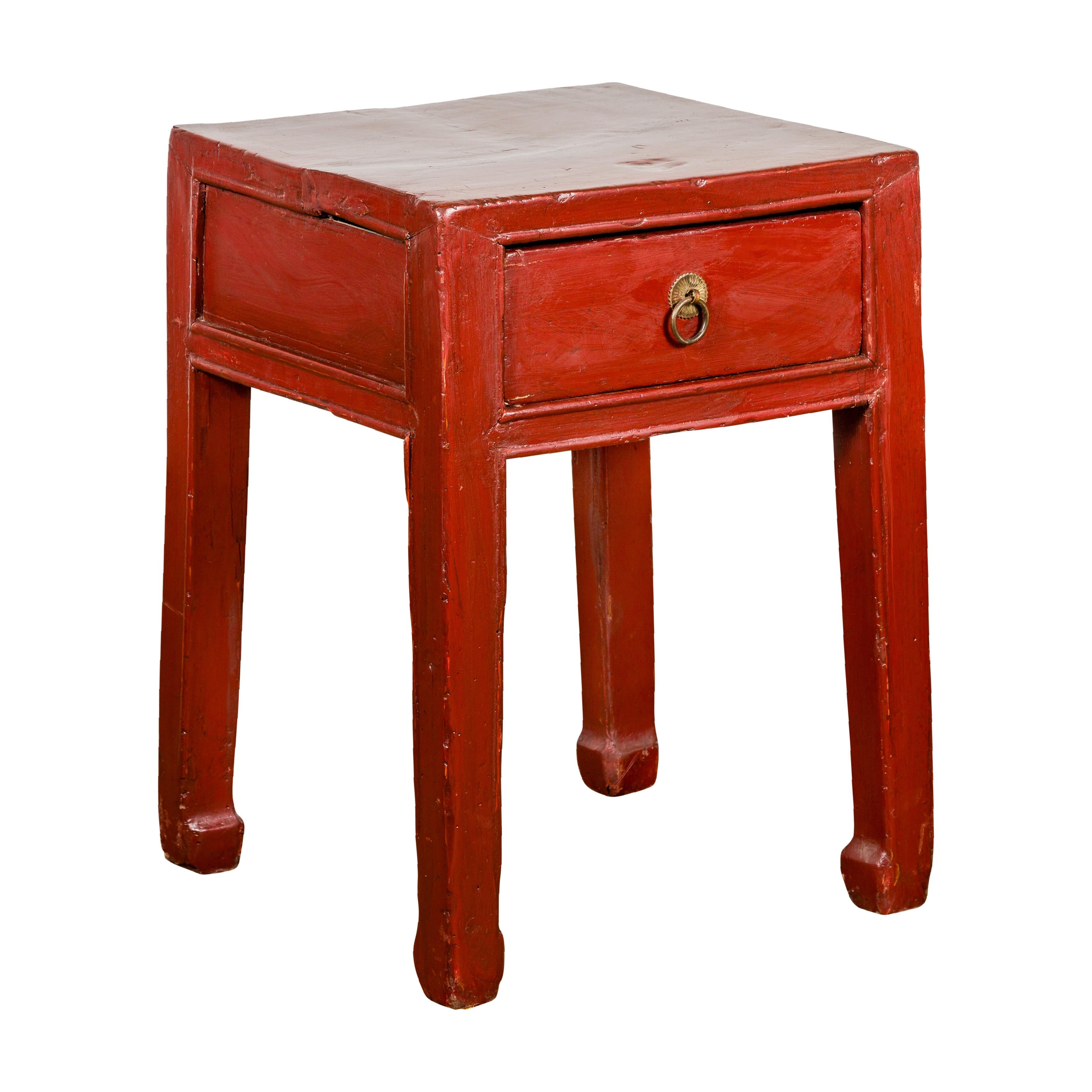Late Qing Dynasty Red Lacquer Side Table with Single Drawer and Horse Hoof Feet For Sale 6