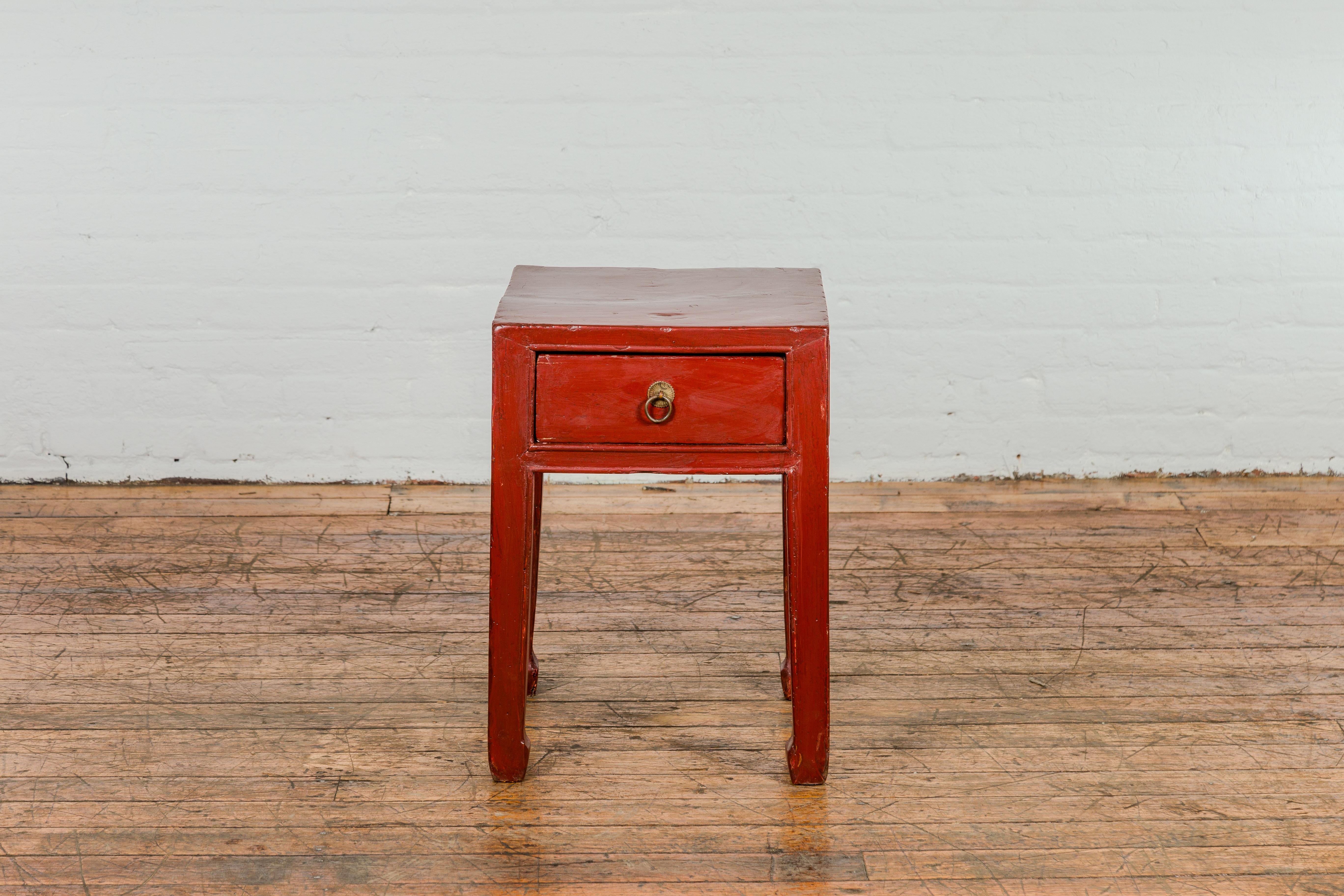 Chinese Late Qing Dynasty Red Lacquer Side Table with Single Drawer and Horse Hoof Feet For Sale