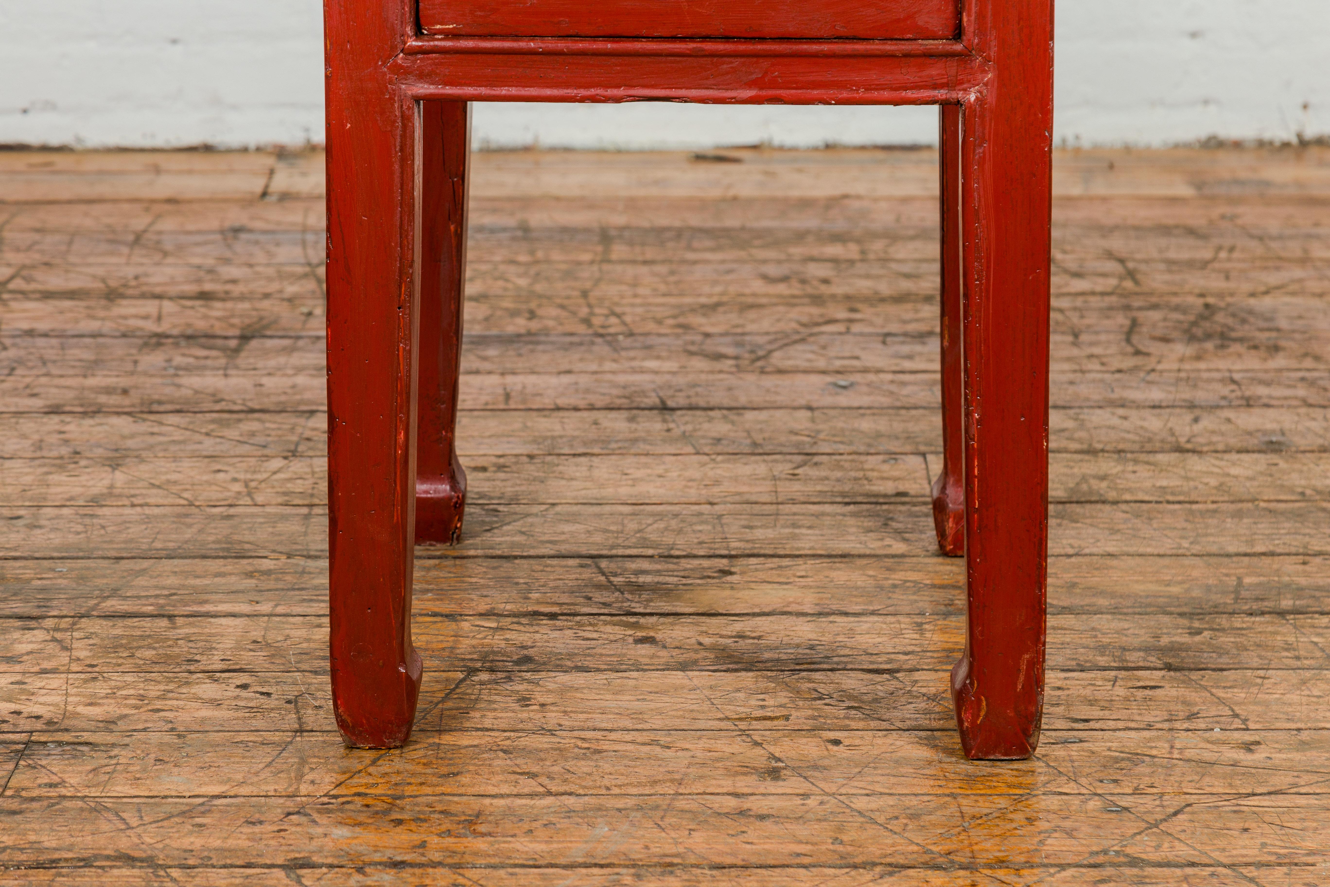 Late Qing Dynasty Red Lacquer Side Table with Single Drawer and Horse Hoof Feet In Good Condition For Sale In Yonkers, NY