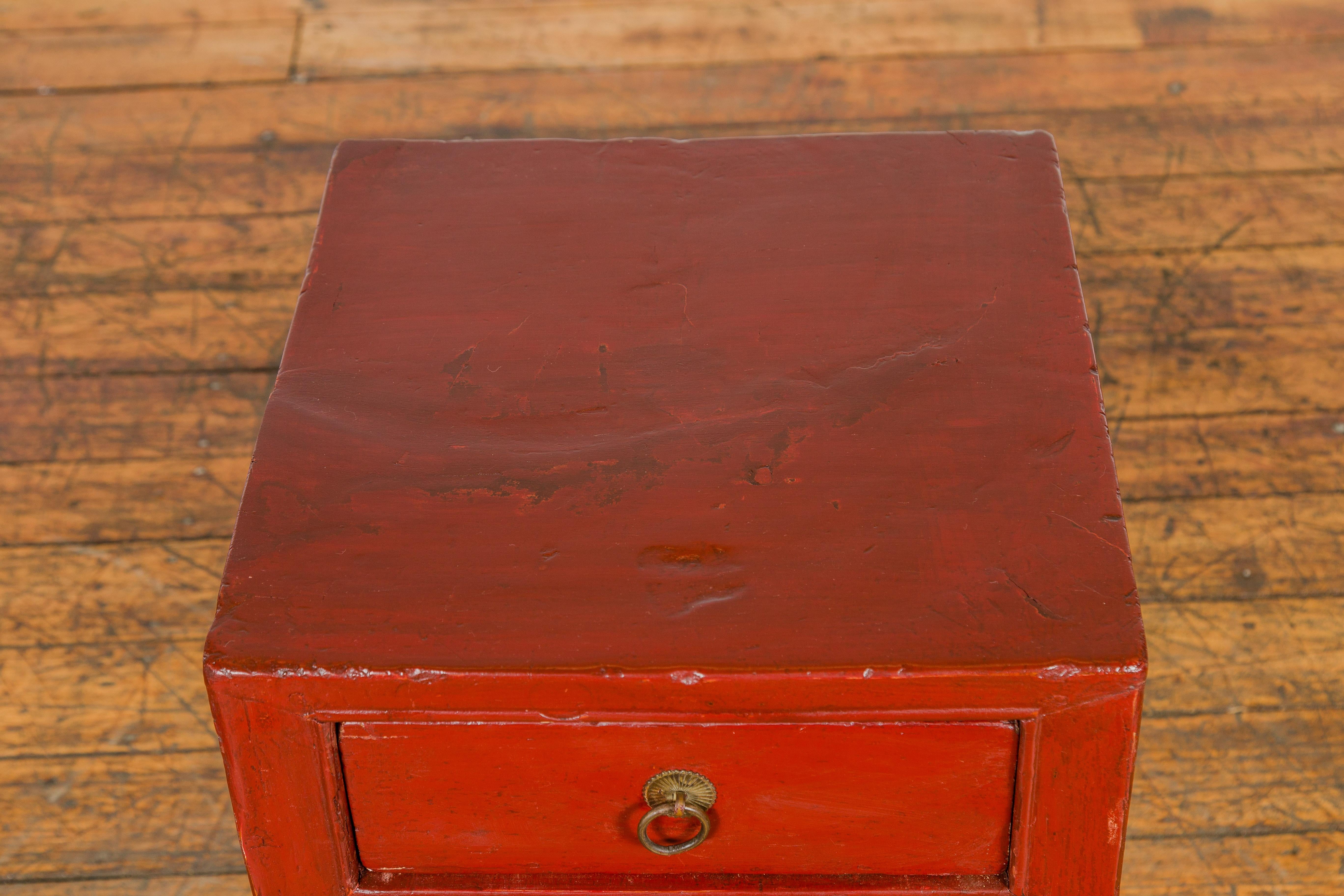 20th Century Late Qing Dynasty Red Lacquer Side Table with Single Drawer and Horse Hoof Feet For Sale