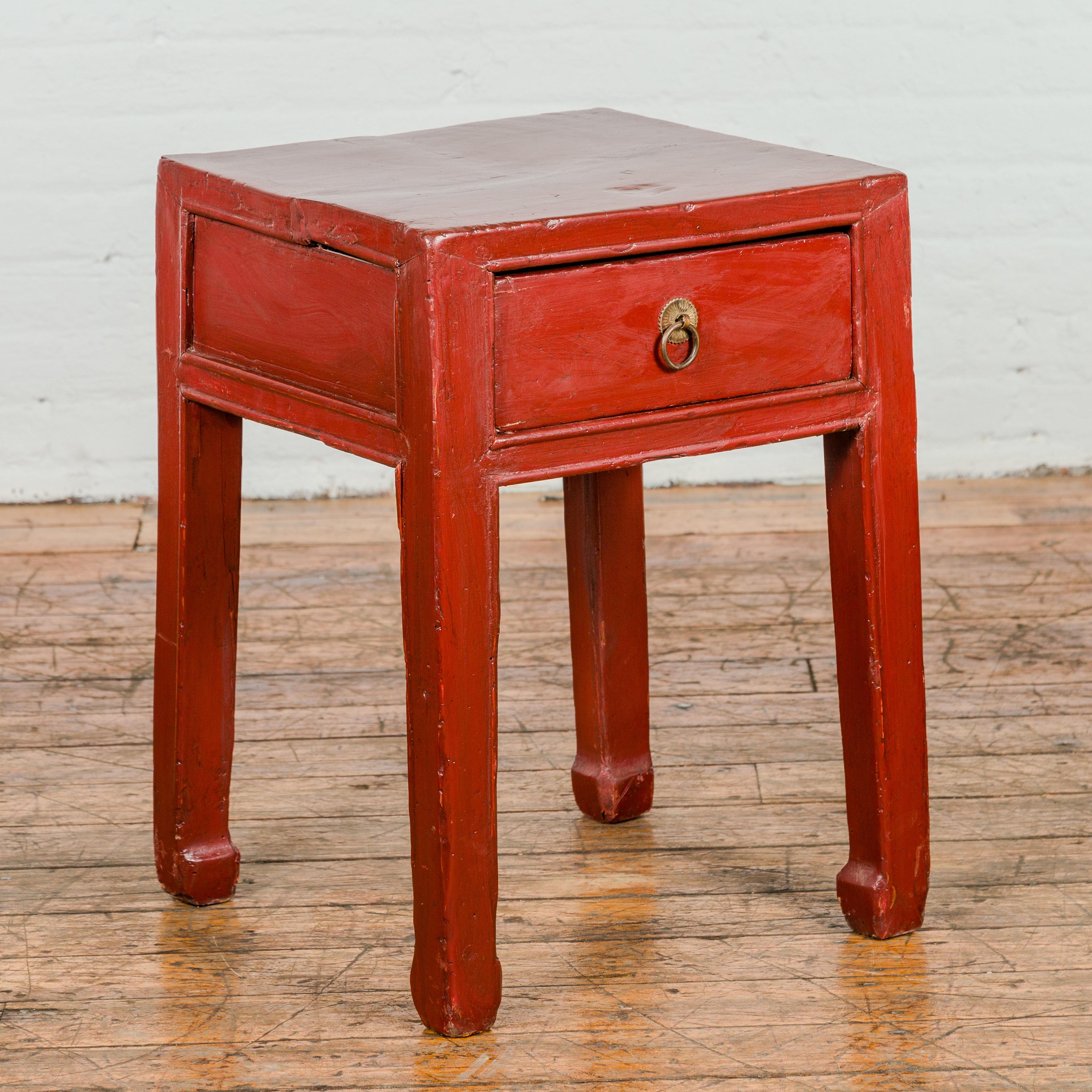Late Qing Dynasty Red Lacquer Side Table with Single Drawer and Horse Hoof Feet For Sale 1