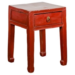 Vintage Late Qing Dynasty Red Lacquer Side Table with Single Drawer and Horse Hoof Feet