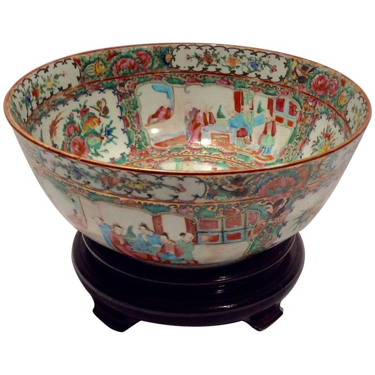 Late Qing Dynasty Rose Medallion Punch Bowl at 1stDibs