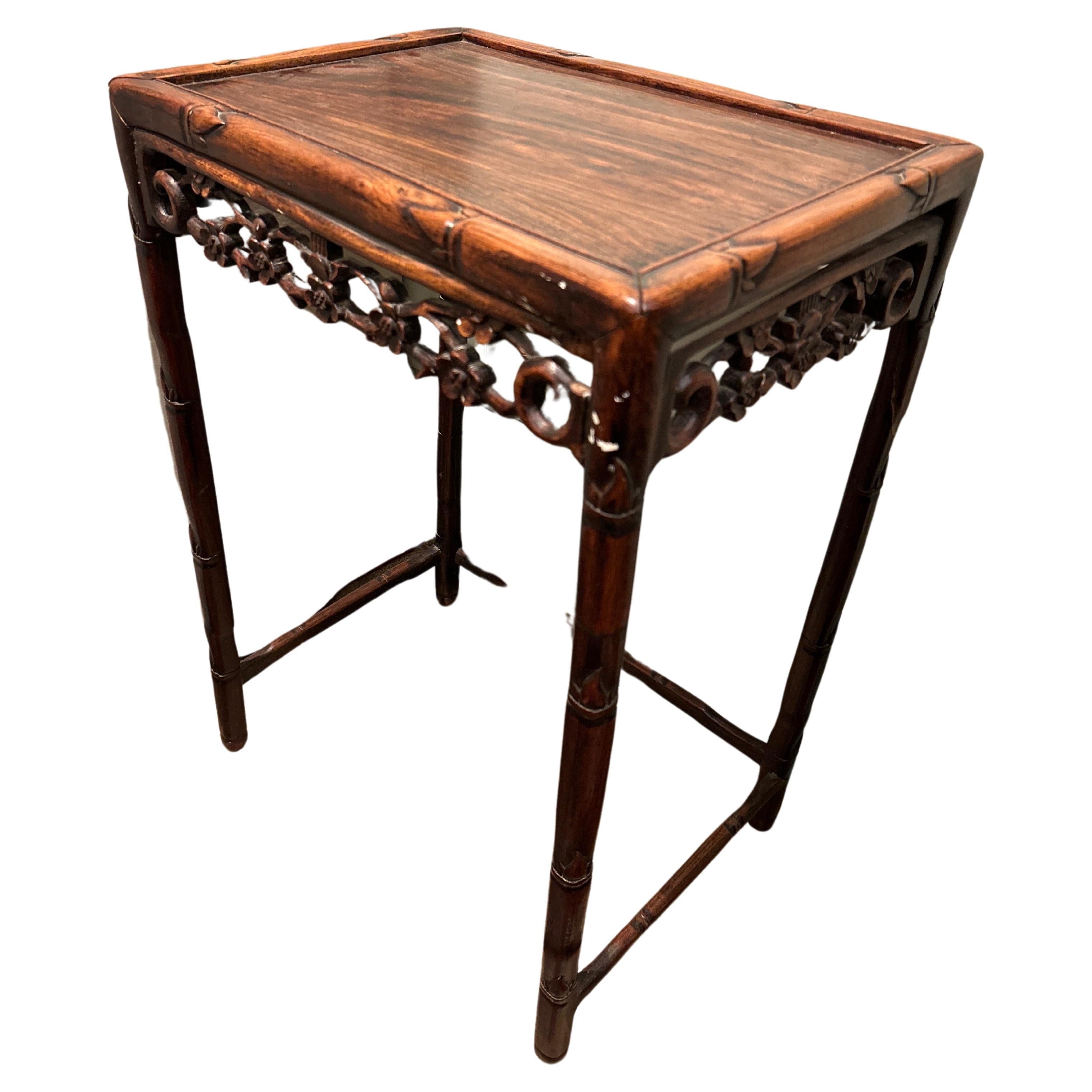 Late Qing Dynasty Rosewood Export Side Table Carved With Floral Bamboo Theme For Sale 10