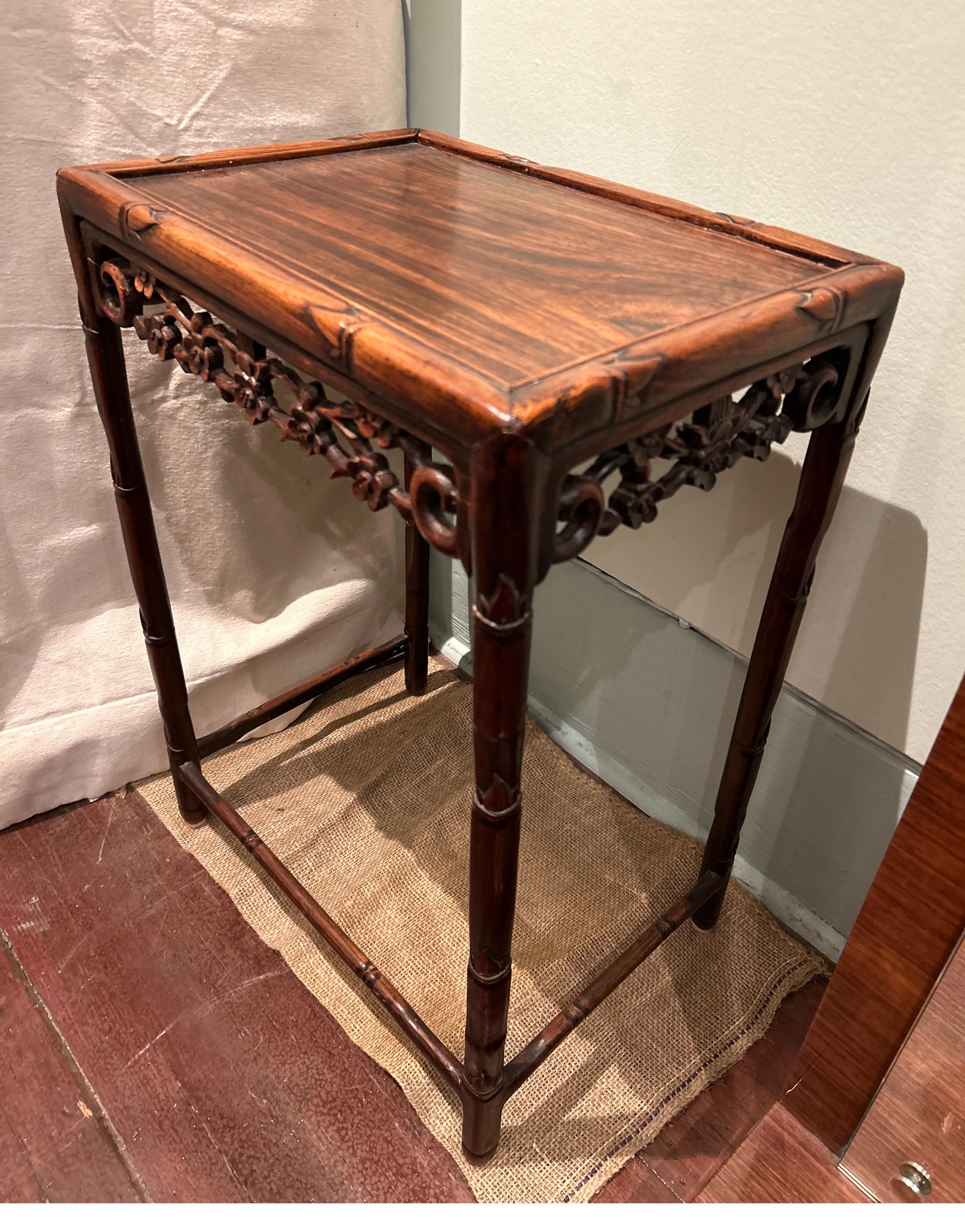 Chinese Late Qing Dynasty Rosewood Export Side Table Carved With Floral Bamboo Theme For Sale