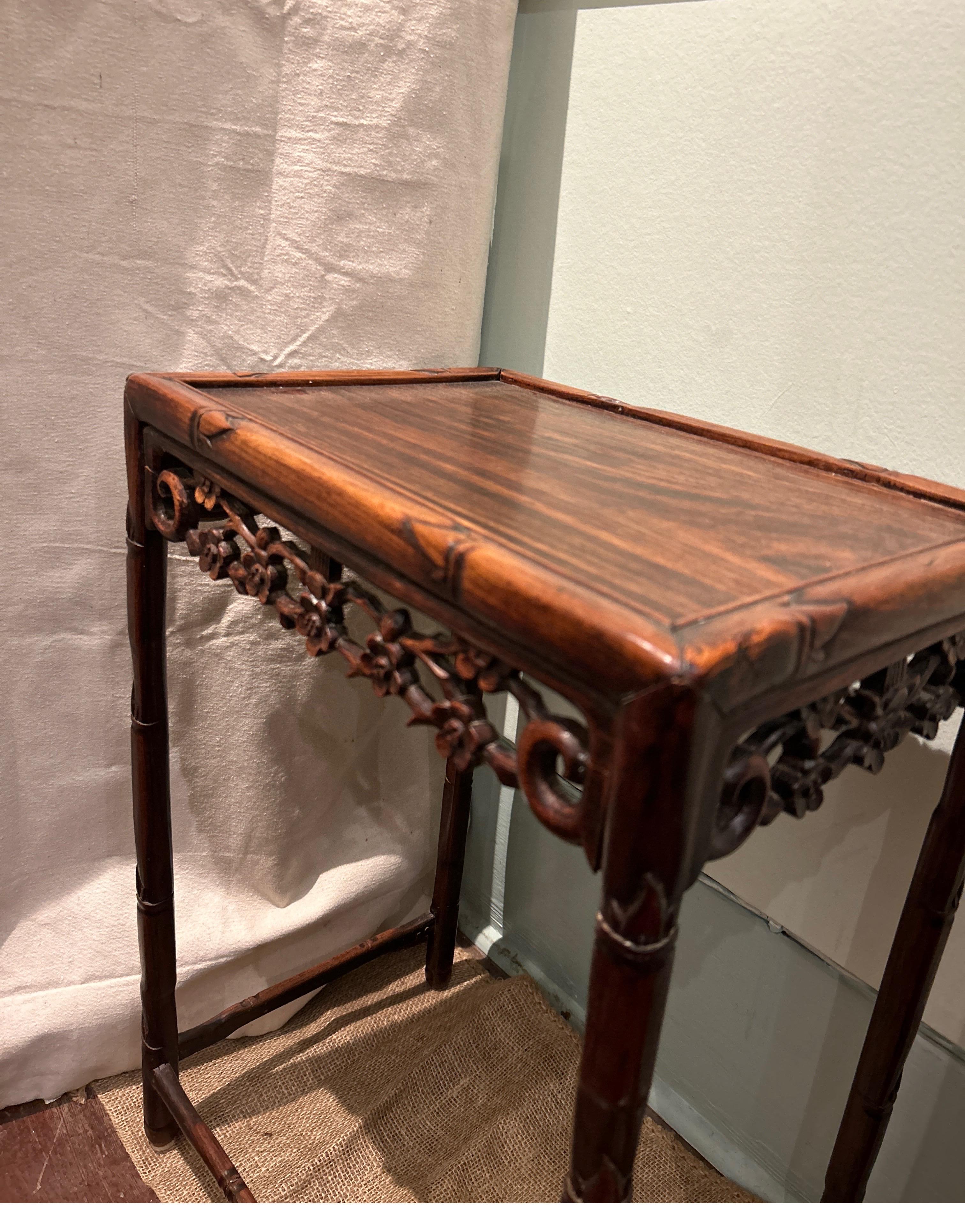 19th Century Late Qing Dynasty Rosewood Export Side Table Carved With Floral Bamboo Theme For Sale