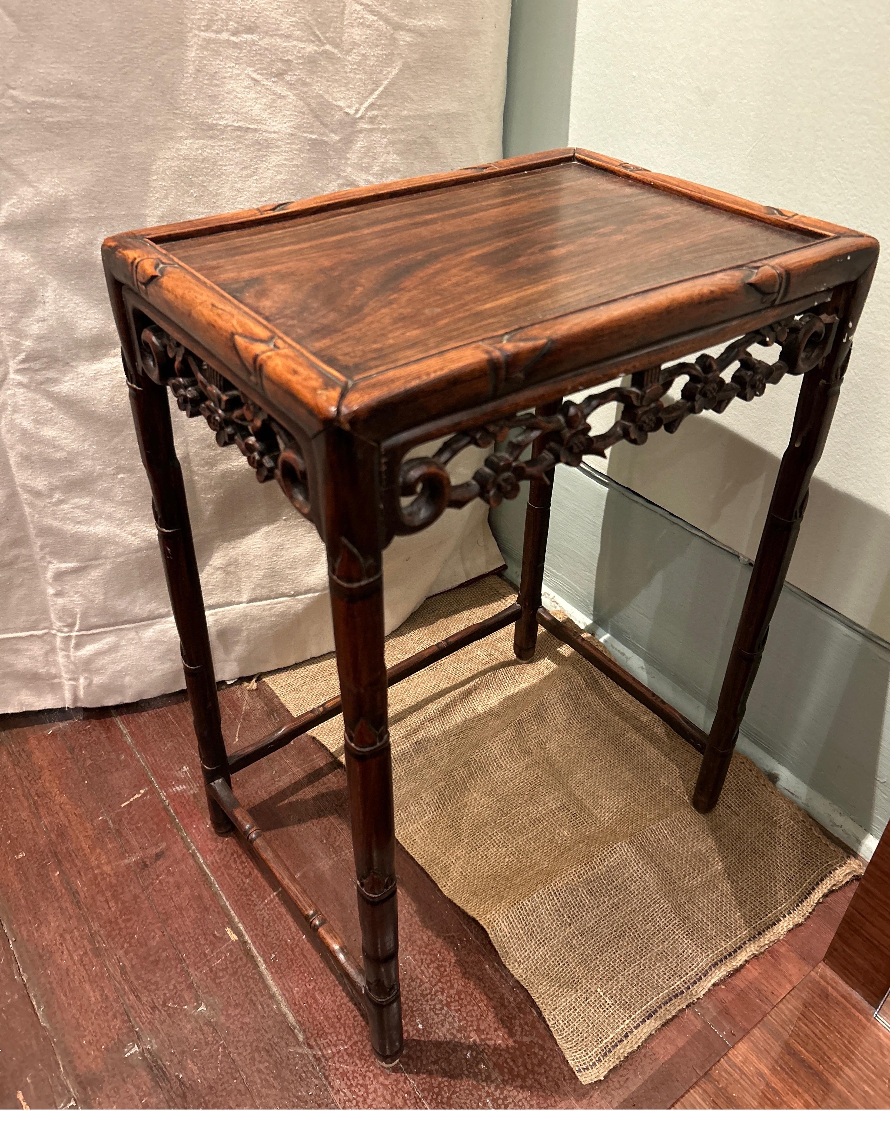Late Qing Dynasty Rosewood Export Side Table Carved With Floral Bamboo Theme For Sale 1