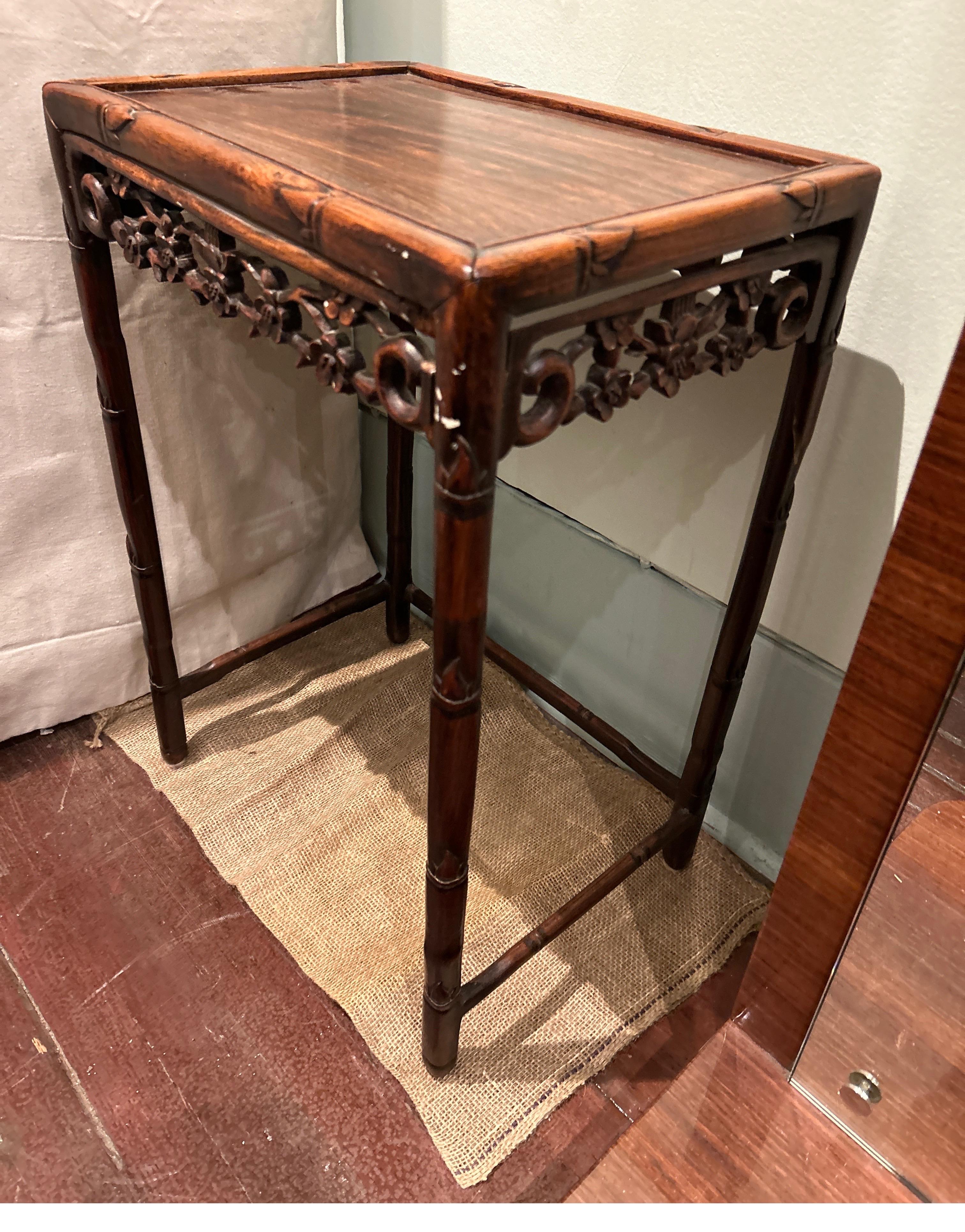 Late Qing Dynasty Rosewood Export Side Table Carved With Floral Bamboo Theme For Sale 3